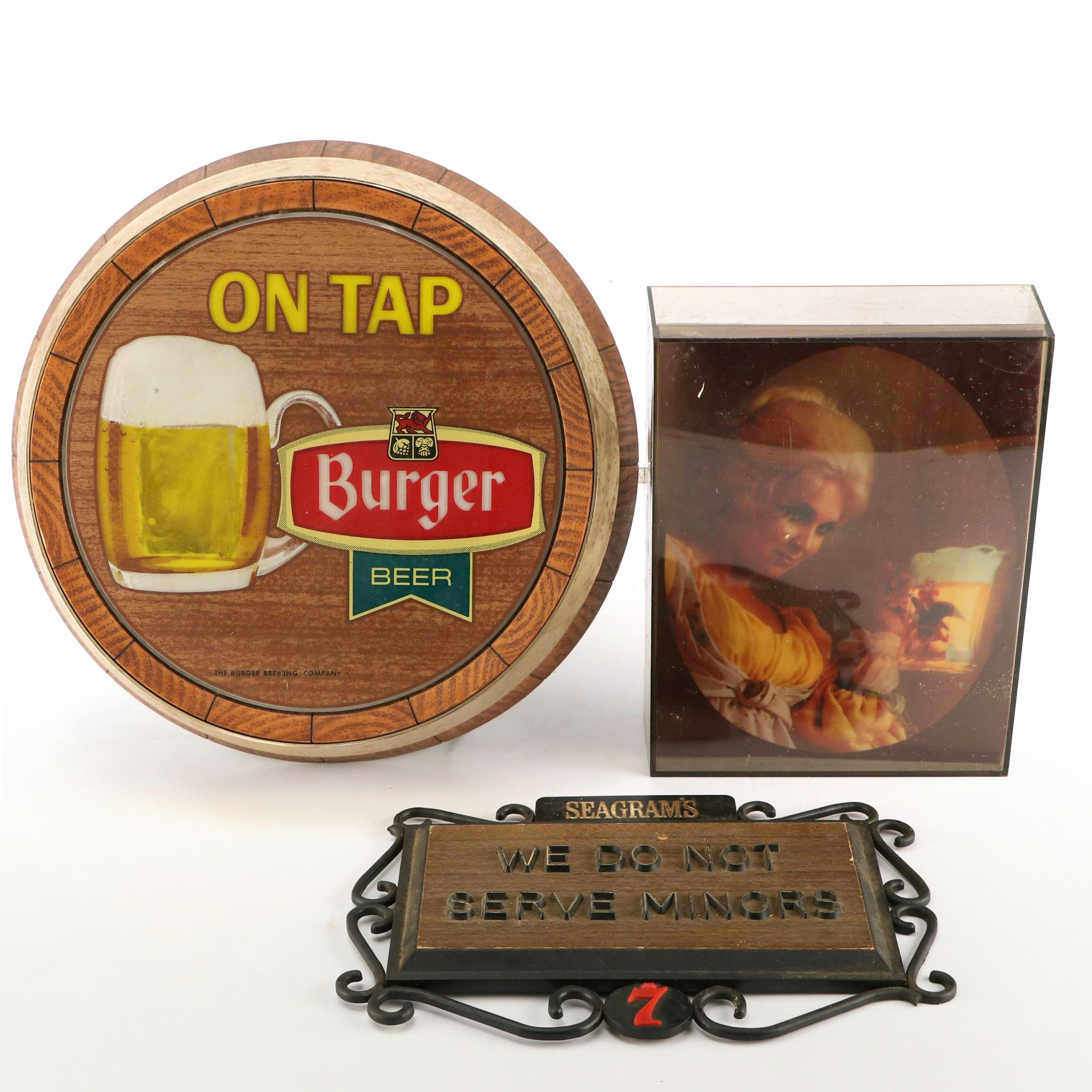 Illuminated Burger Beer Sign with Other Alcohol Advertising Signs