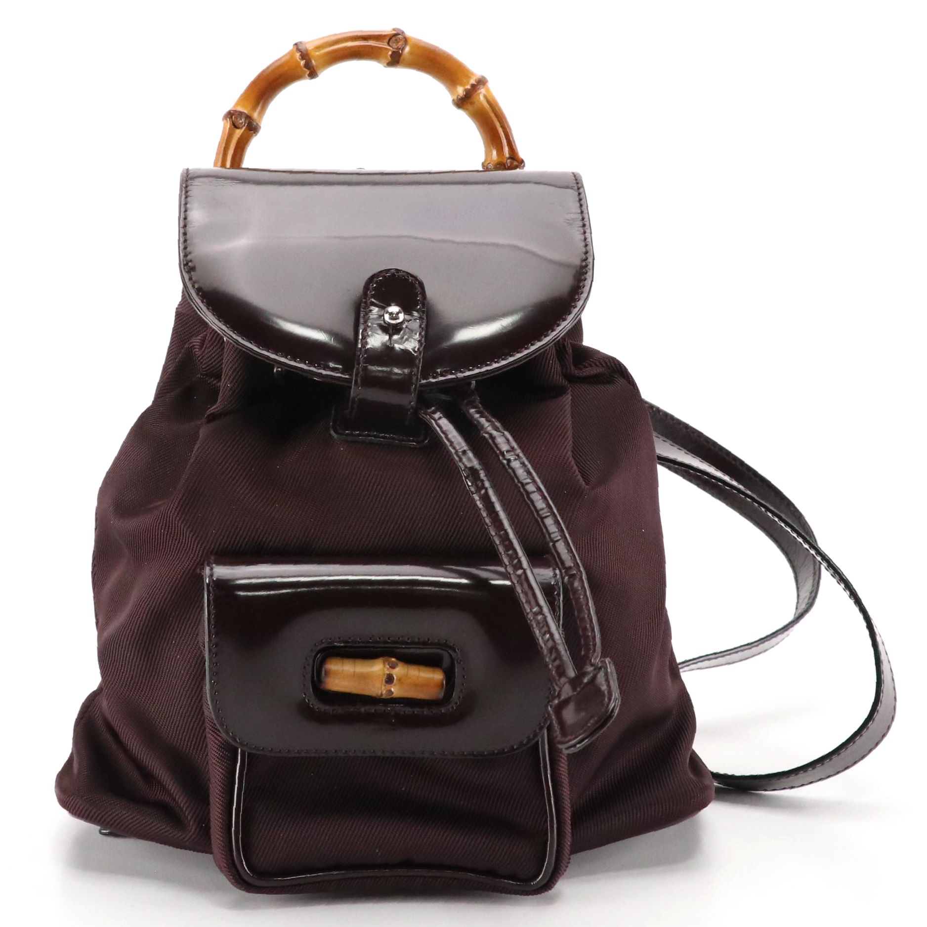 Gucci Bamboo Glazed Leather and Nylon Small Backpack in Aubergine