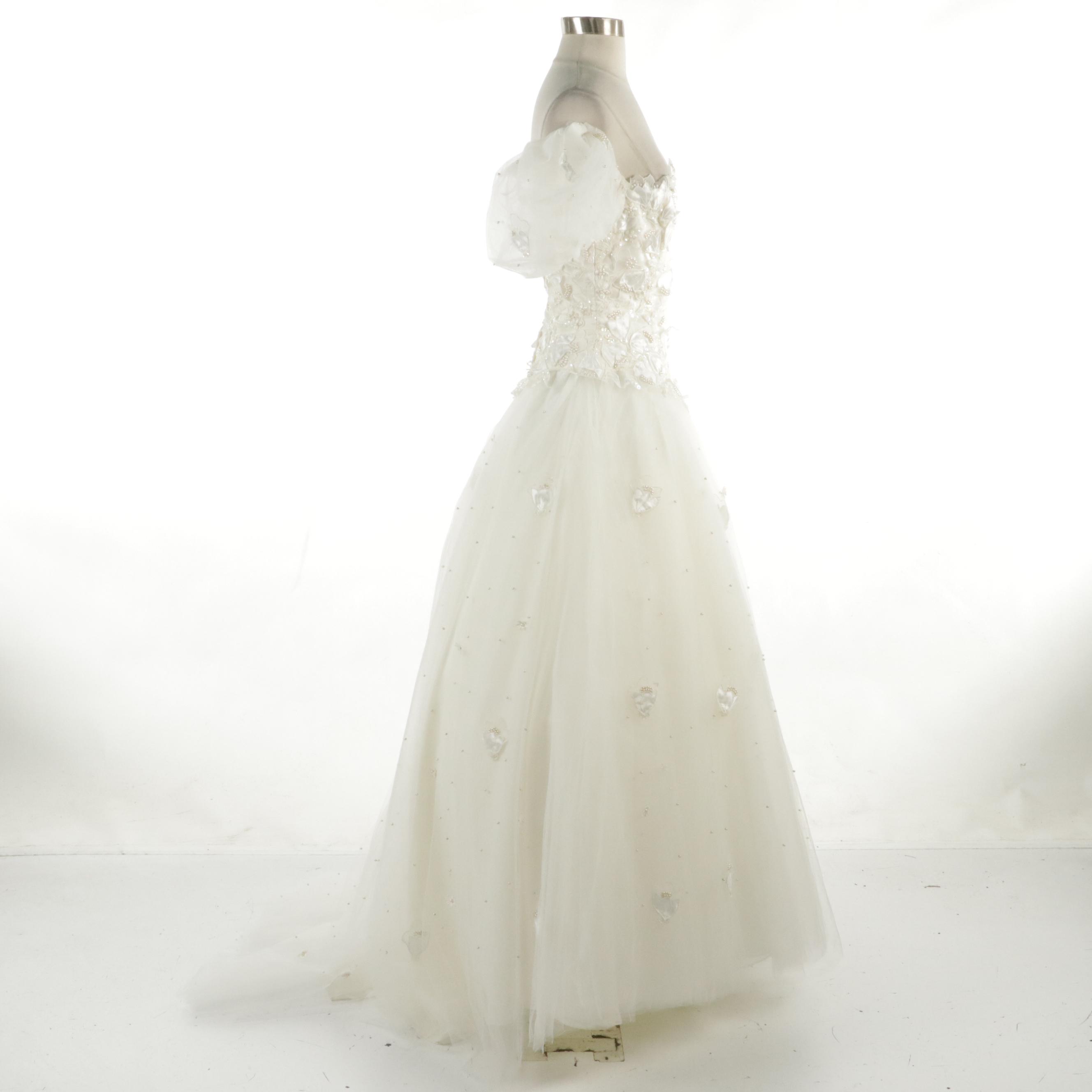 Robert Legere Puff Sleeve Petal Appliqué Chapel Train Snowball Wedding Gown