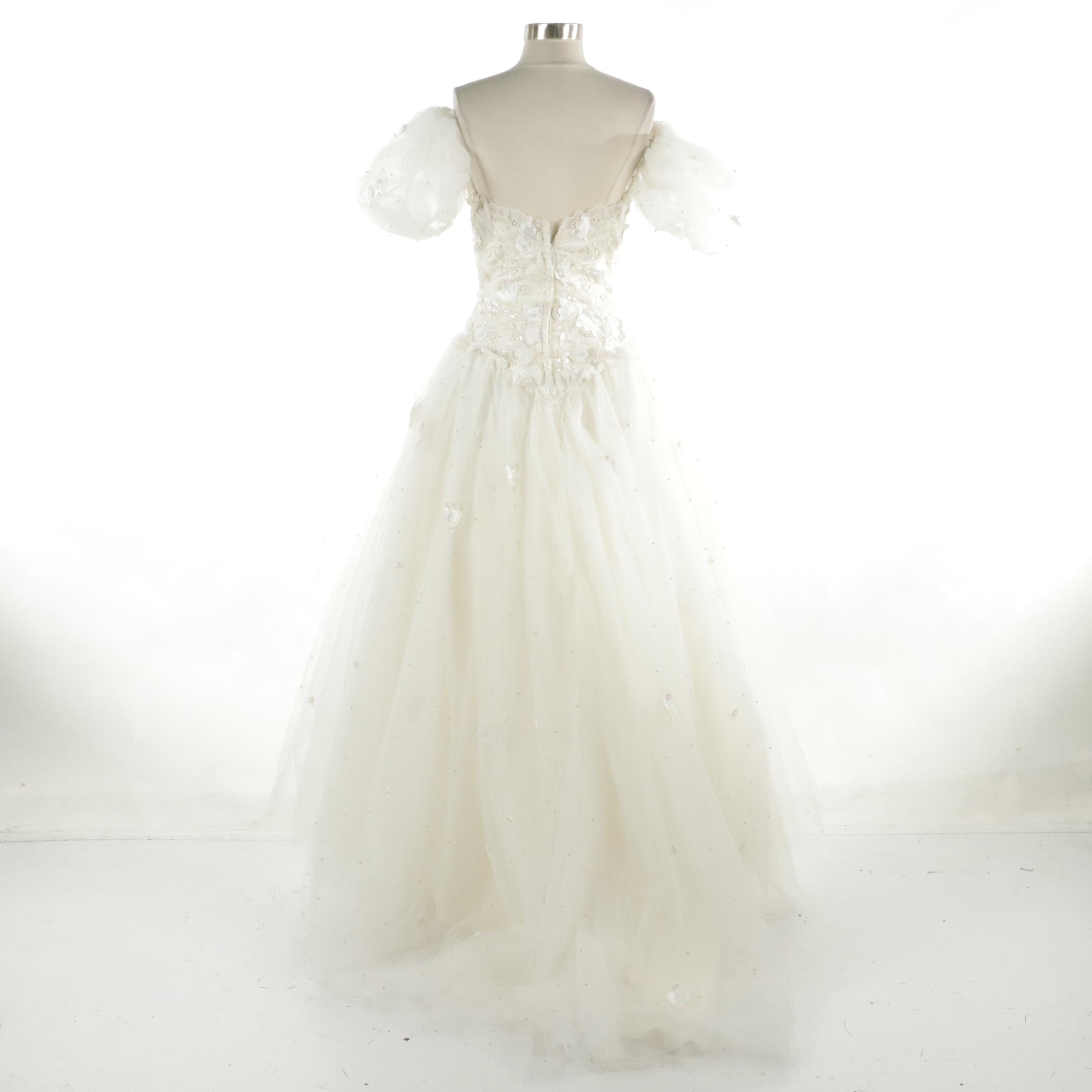Robert Legere Puff Sleeve Petal Appliqué Chapel Train Snowball Wedding Gown