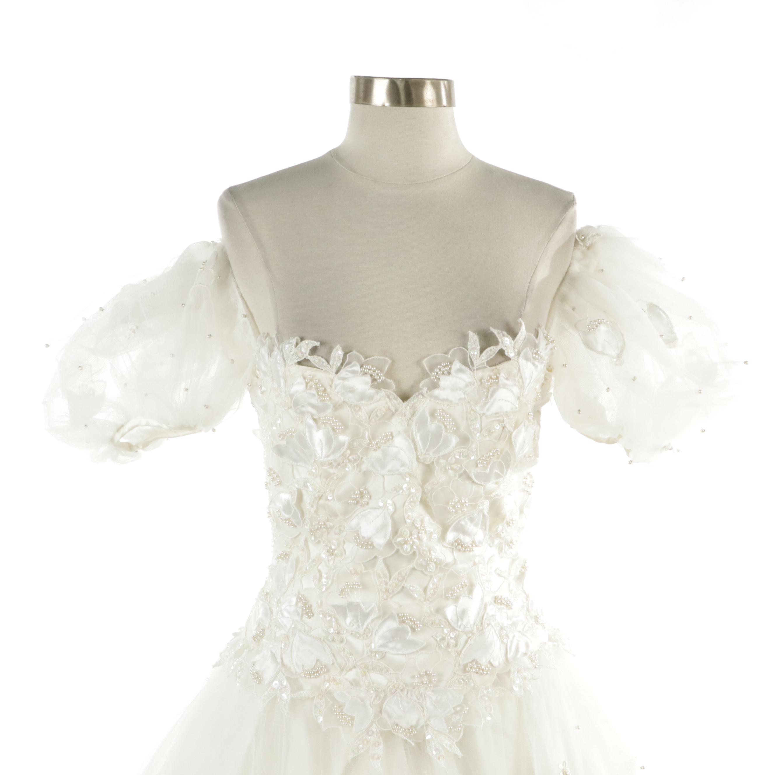 Robert Legere Puff Sleeve Petal Appliqué Chapel Train Snowball Wedding Gown