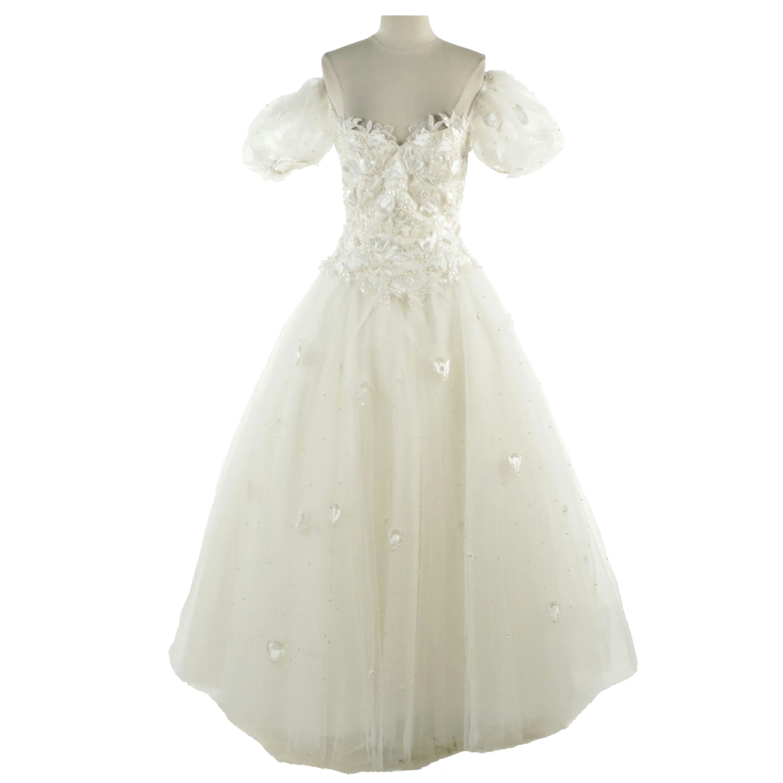 Robert Legere Puff Sleeve Petal Appliqué Chapel Train Snowball Wedding Gown