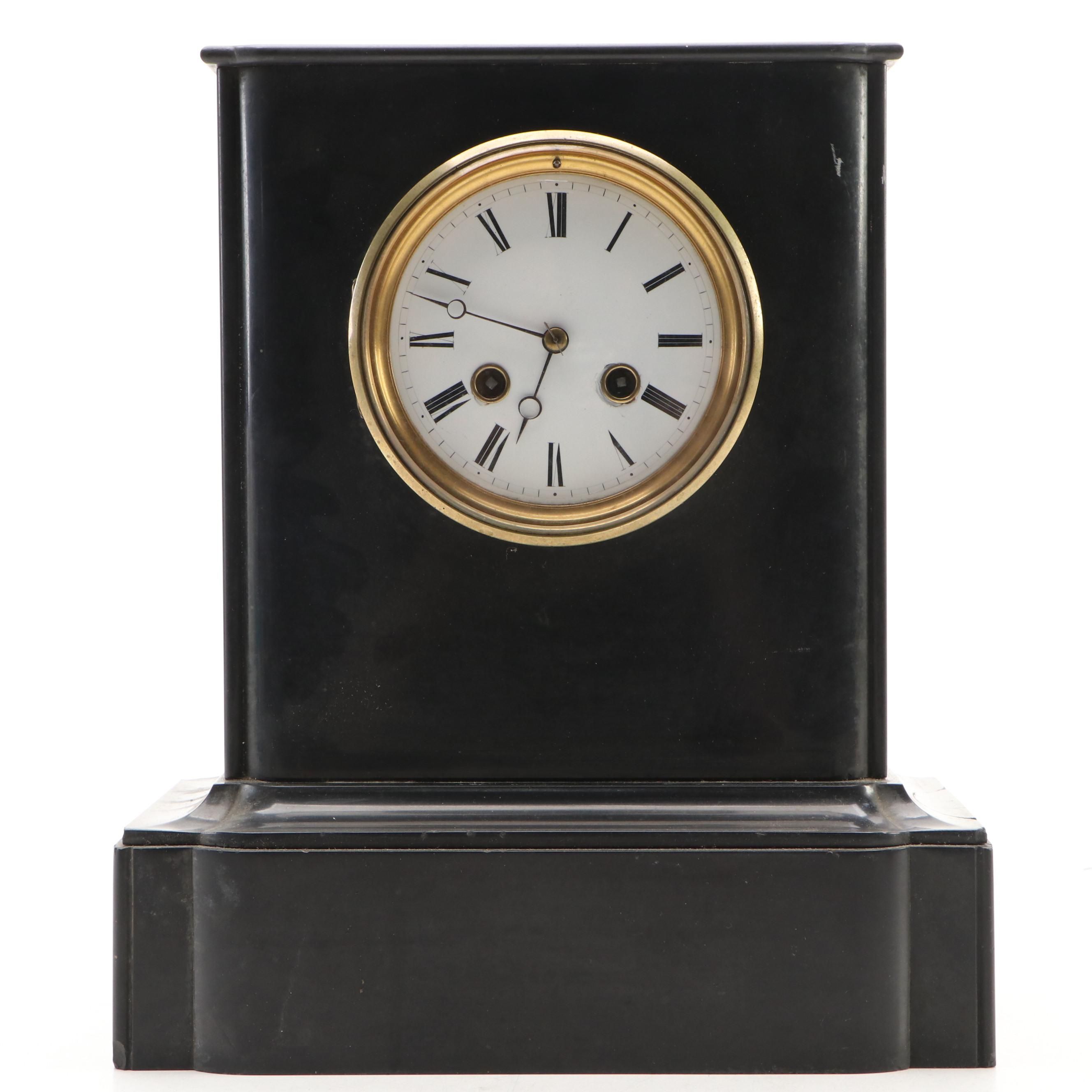 French Louis Philippe Style Black Marble Mantel Clock, Late 19th/ Early 20th C.