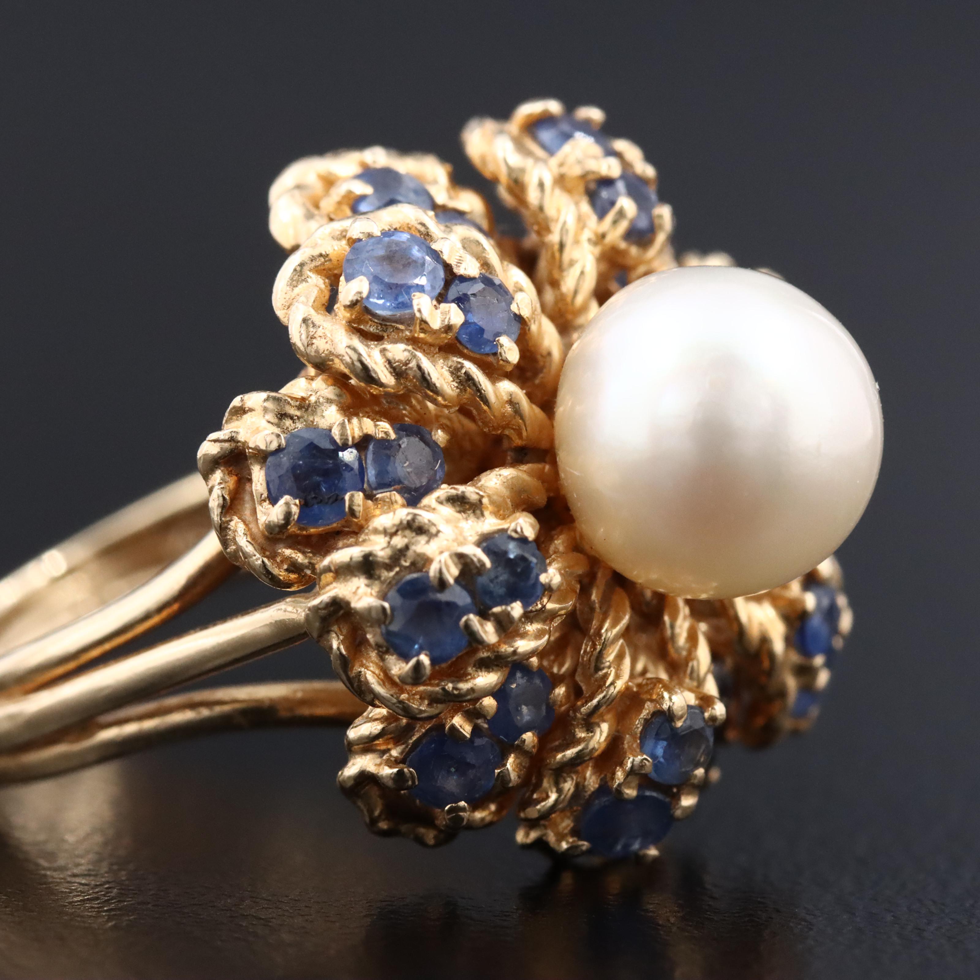 Vintage 14K Pearl and Sapphire Ring