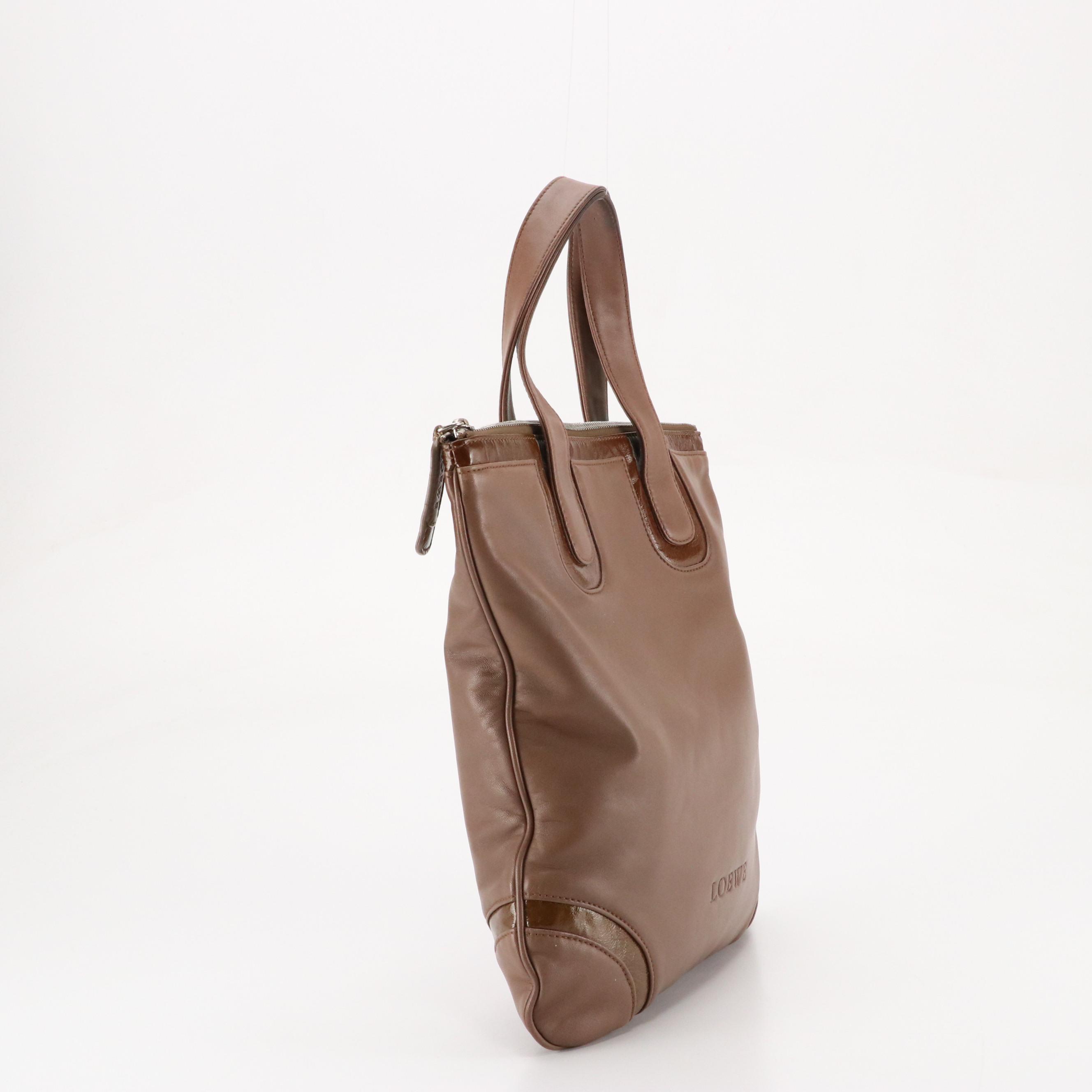 Loewe Zippered Top Handle Tote in Mocha Lambskin Leather and Patent Leather Trim