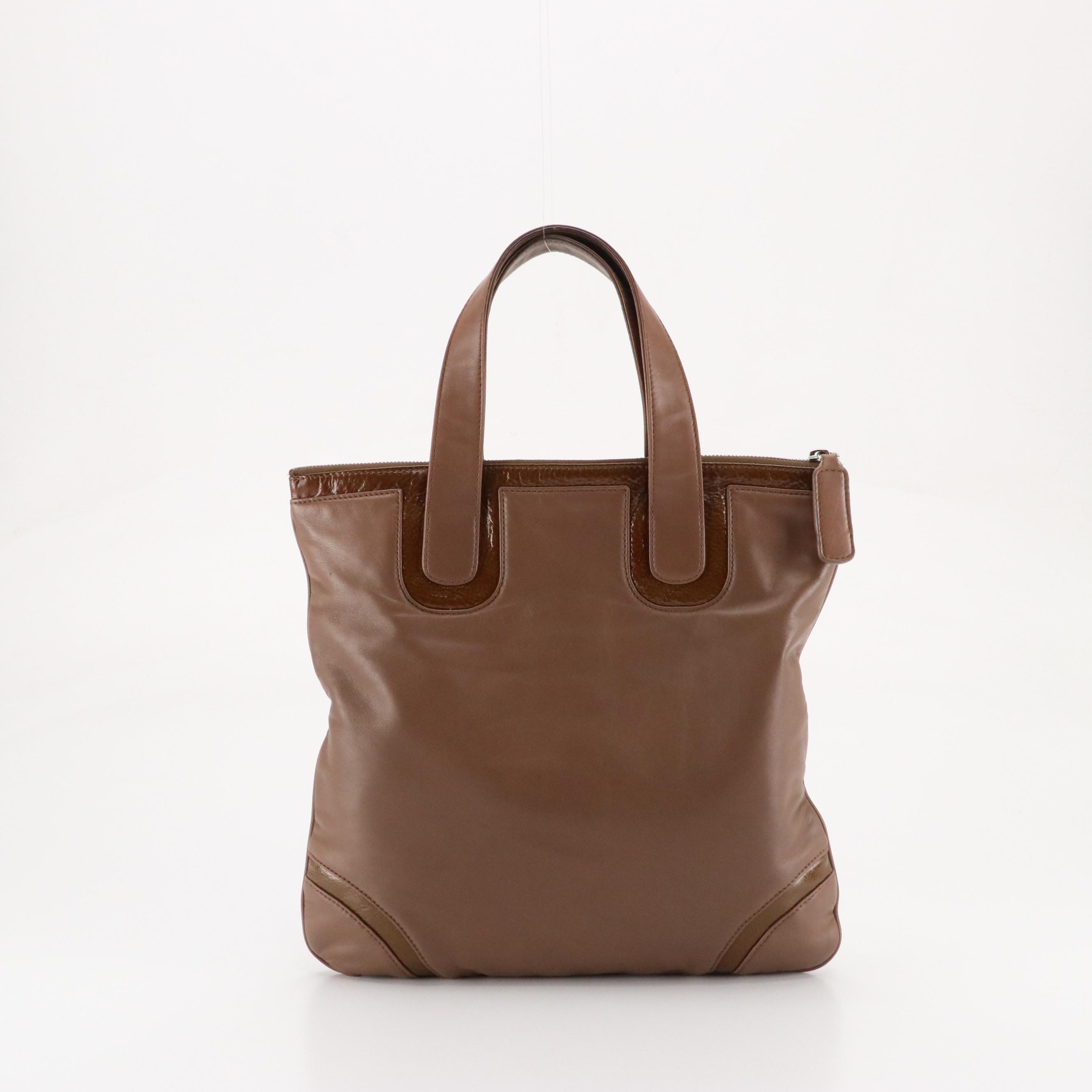 Loewe Zippered Top Handle Tote in Mocha Lambskin Leather and Patent Leather Trim