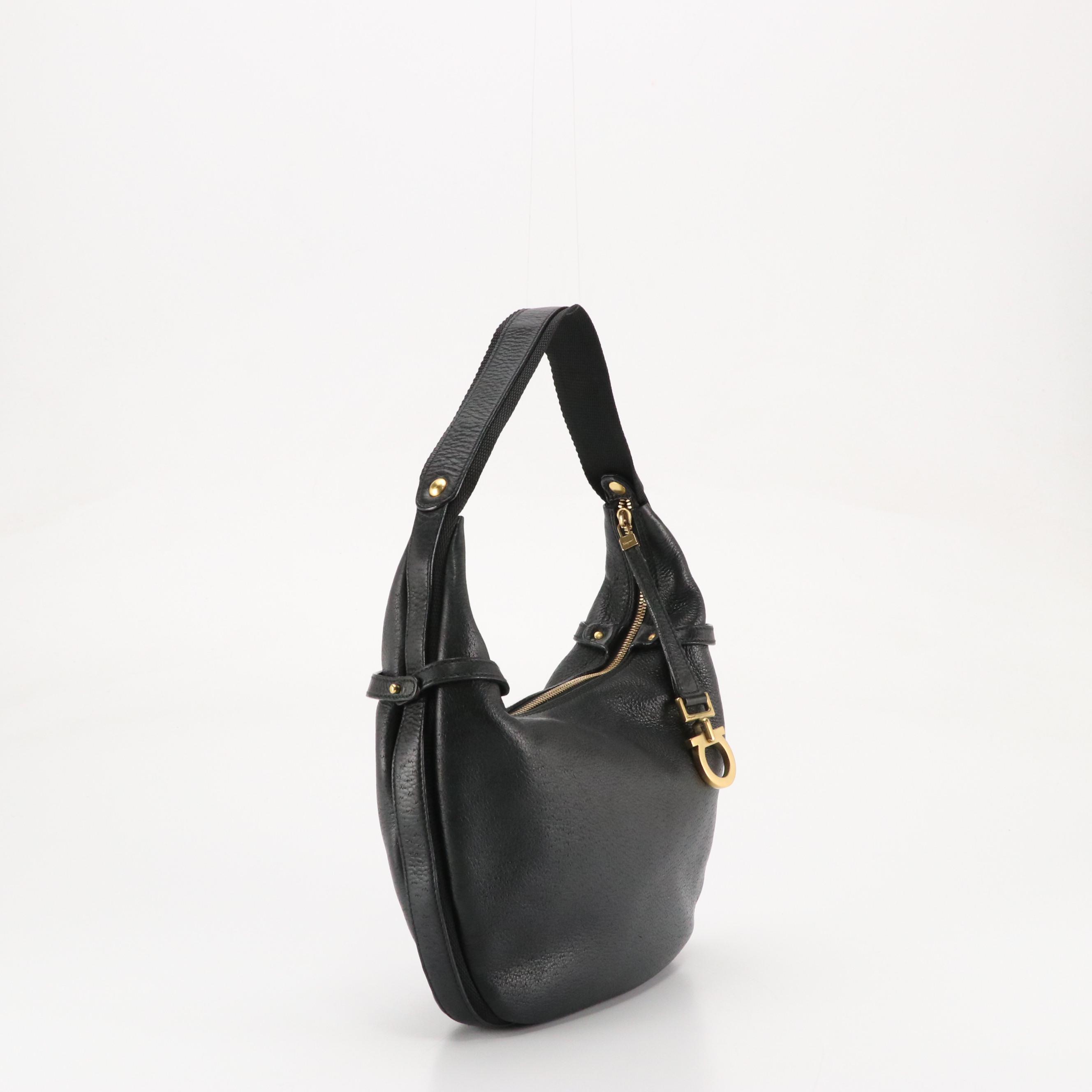 Salvatore Ferragamo Gancini Zip Hobo Bag in Navy Grained Leather