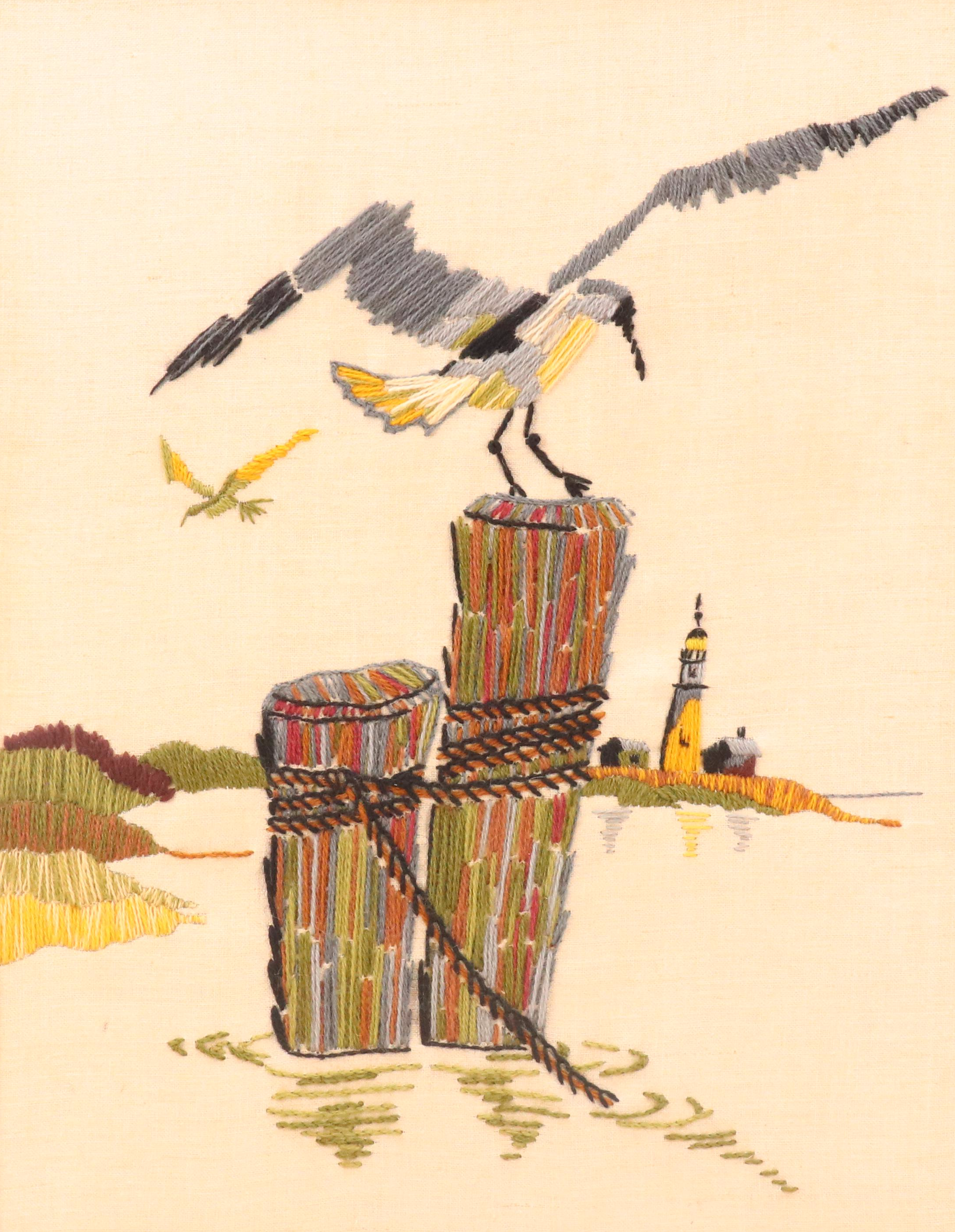 Needlework Embroidery Seascape with Gull Landing on Pier Piling