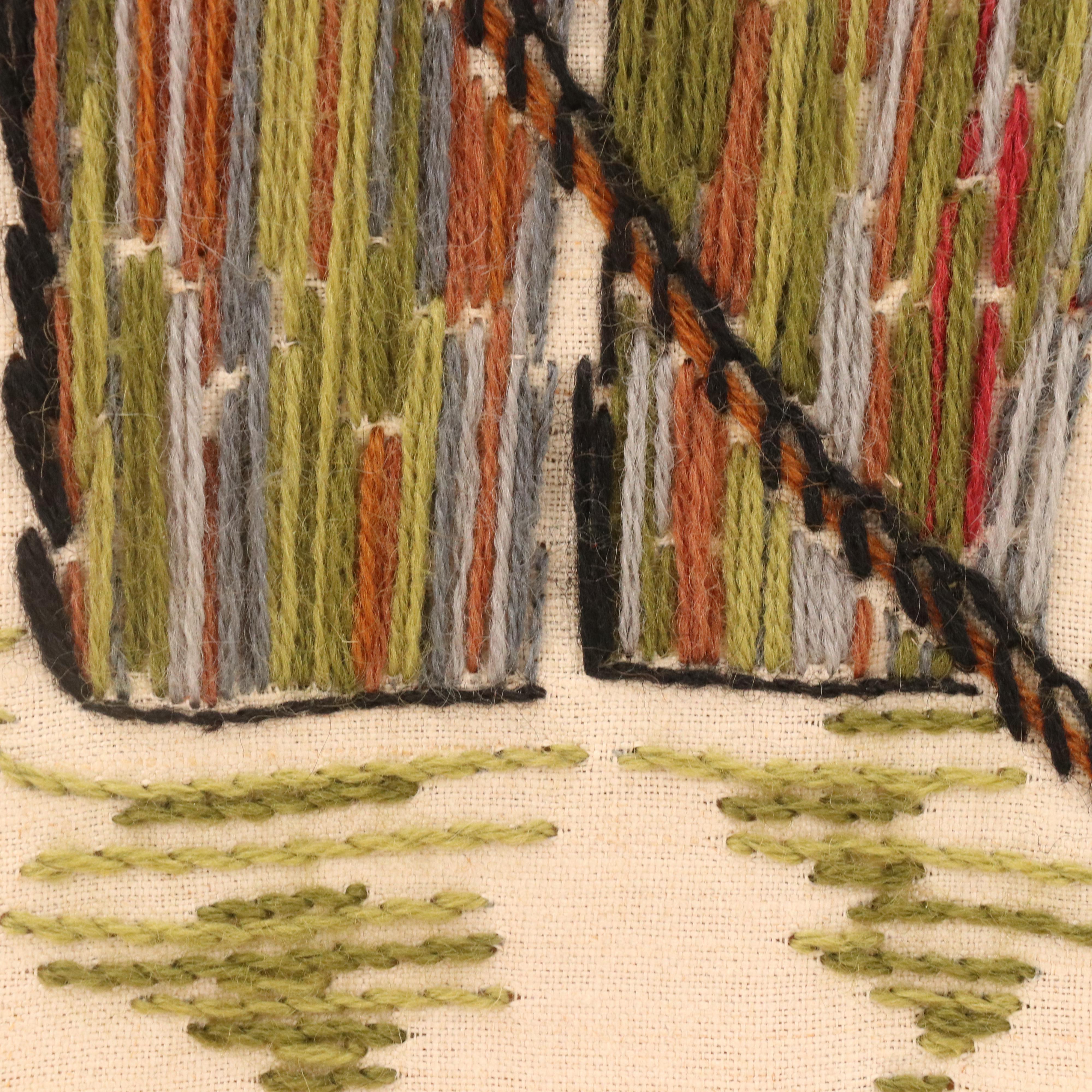 Needlework Embroidery Seascape with Gull Landing on Pier Piling