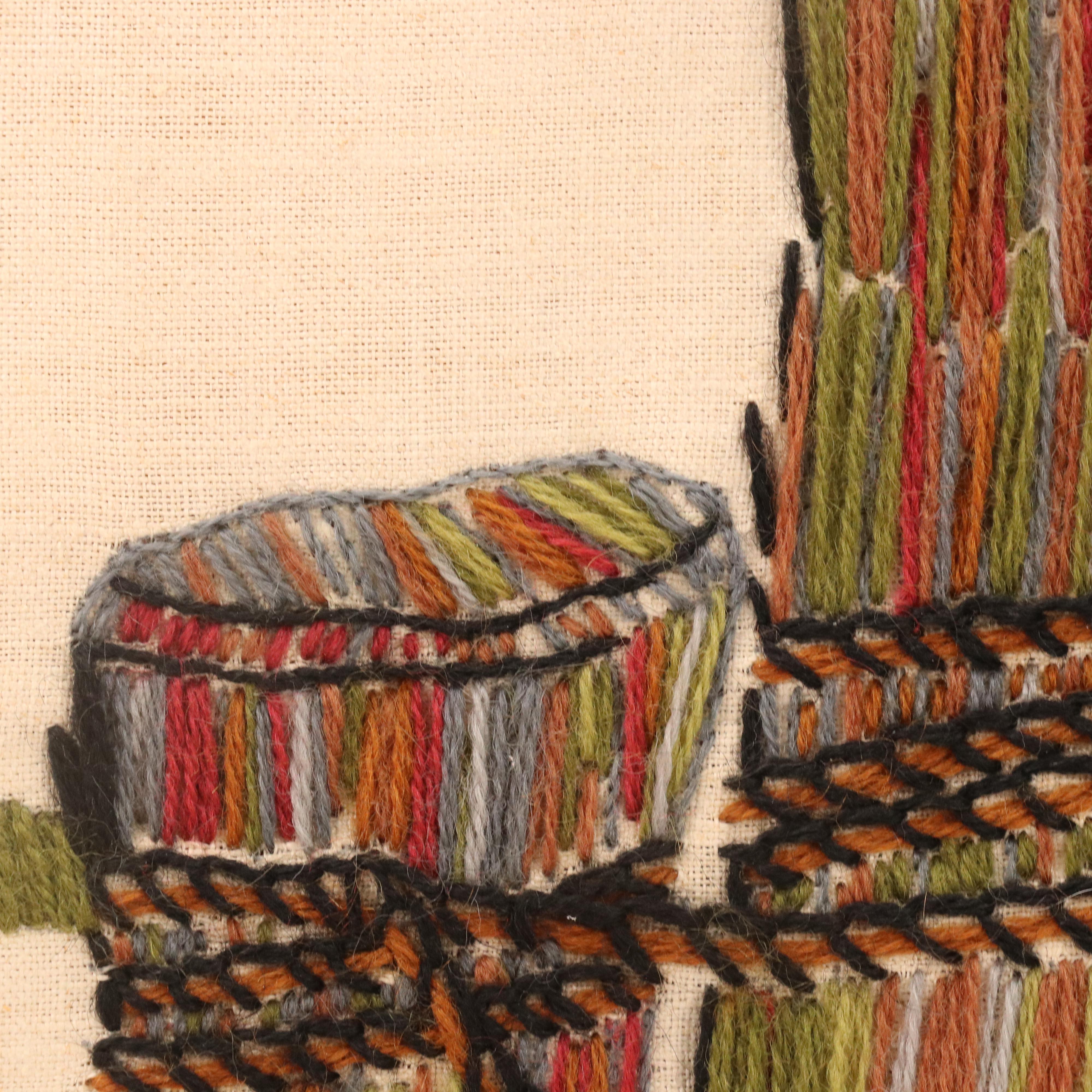 Needlework Embroidery Seascape with Gull Landing on Pier Piling