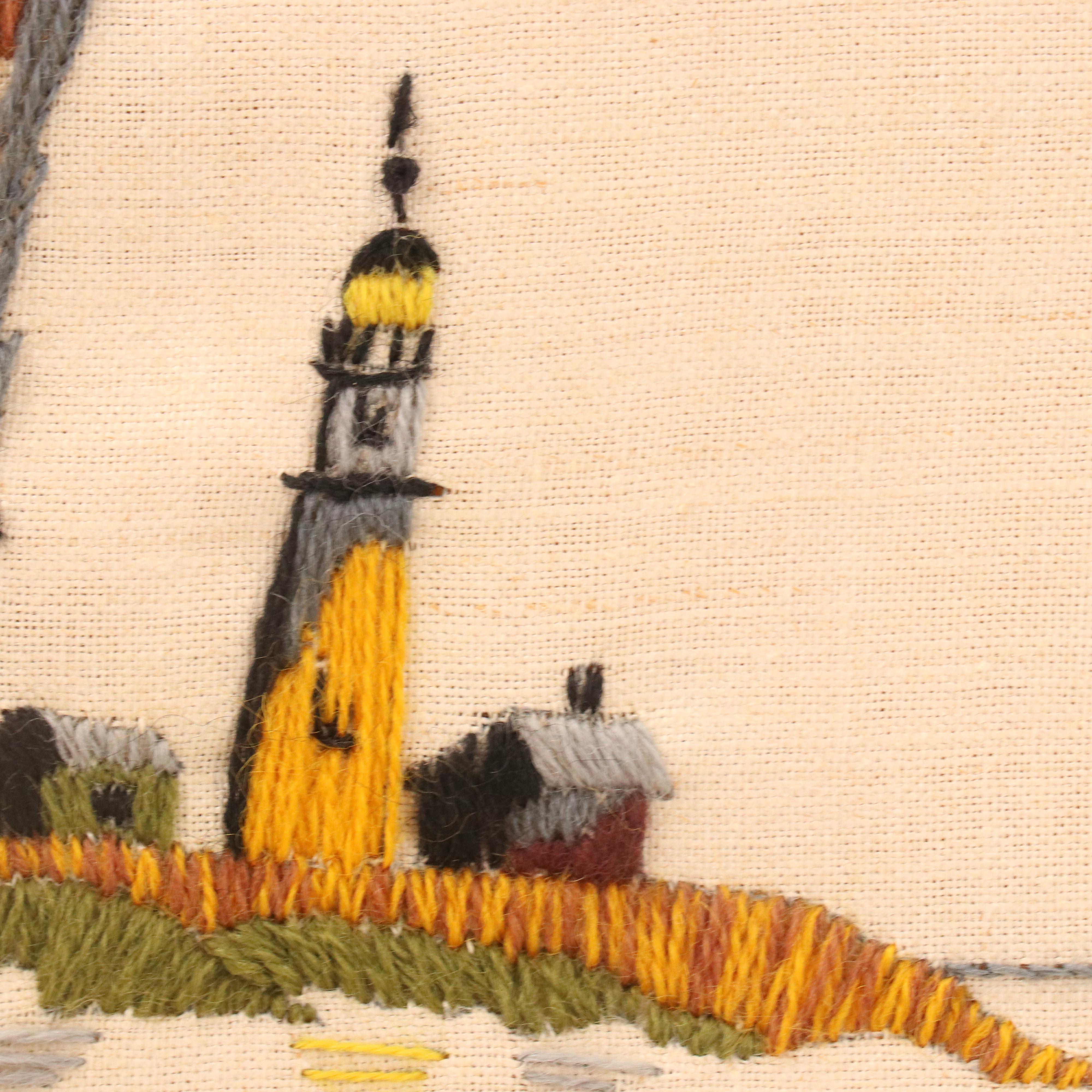 Needlework Embroidery Seascape with Gull Landing on Pier Piling