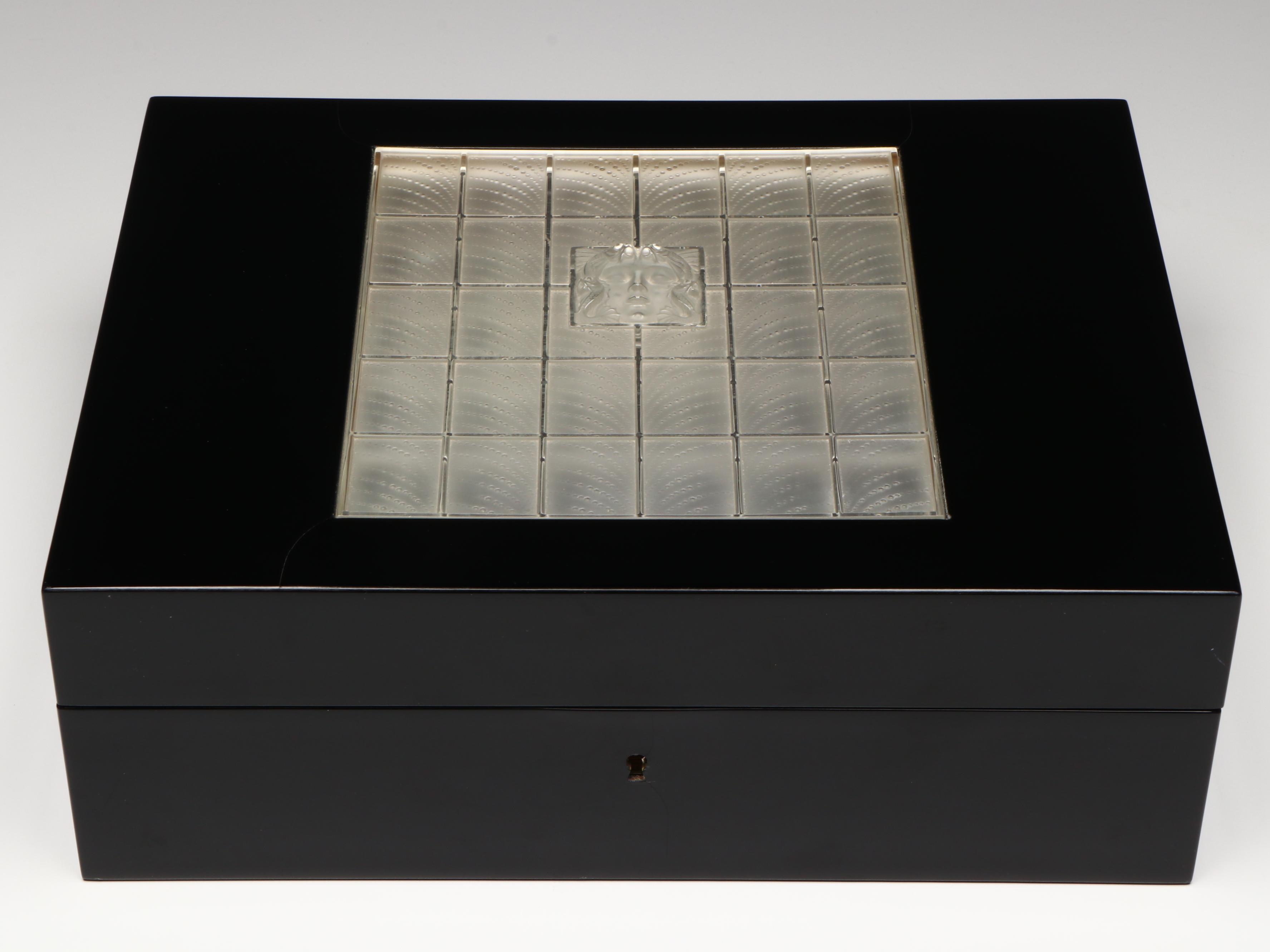 Lalique "Madison" Crystal and Black Lacquered Sycamore Humidor, 1999