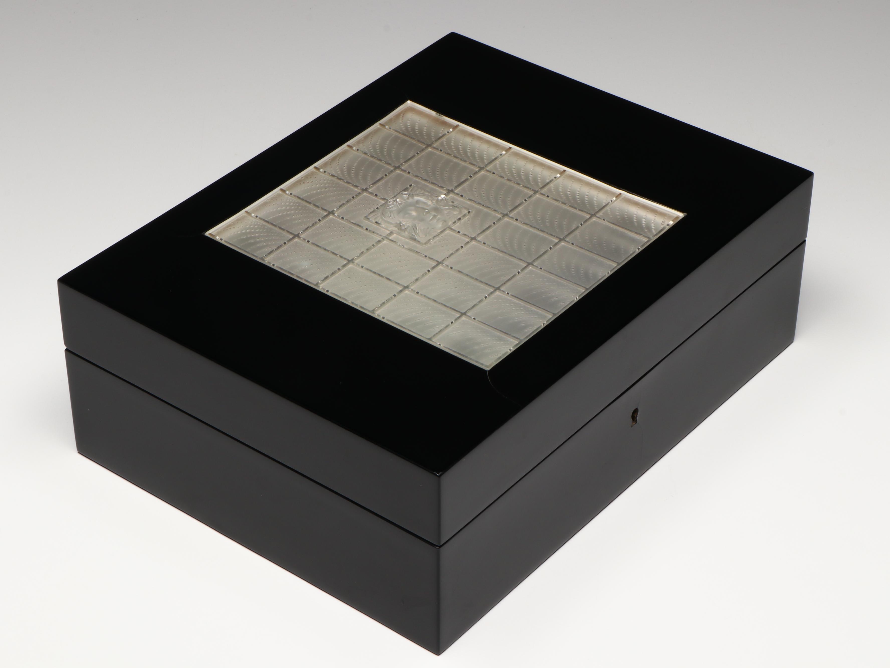 Lalique "Madison" Crystal and Black Lacquered Sycamore Humidor, 1999
