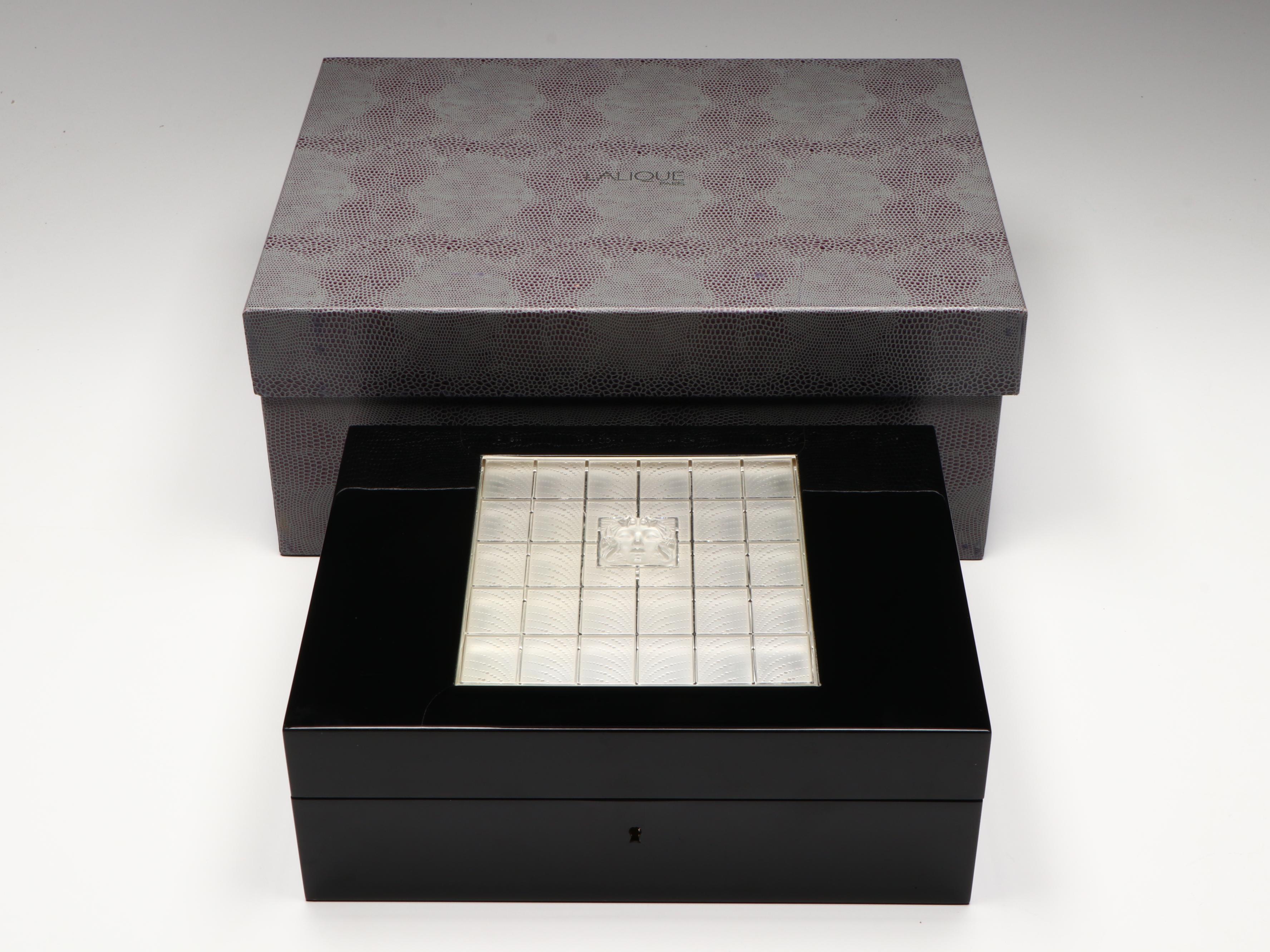 Lalique "Madison" Crystal and Black Lacquered Sycamore Humidor, 1999