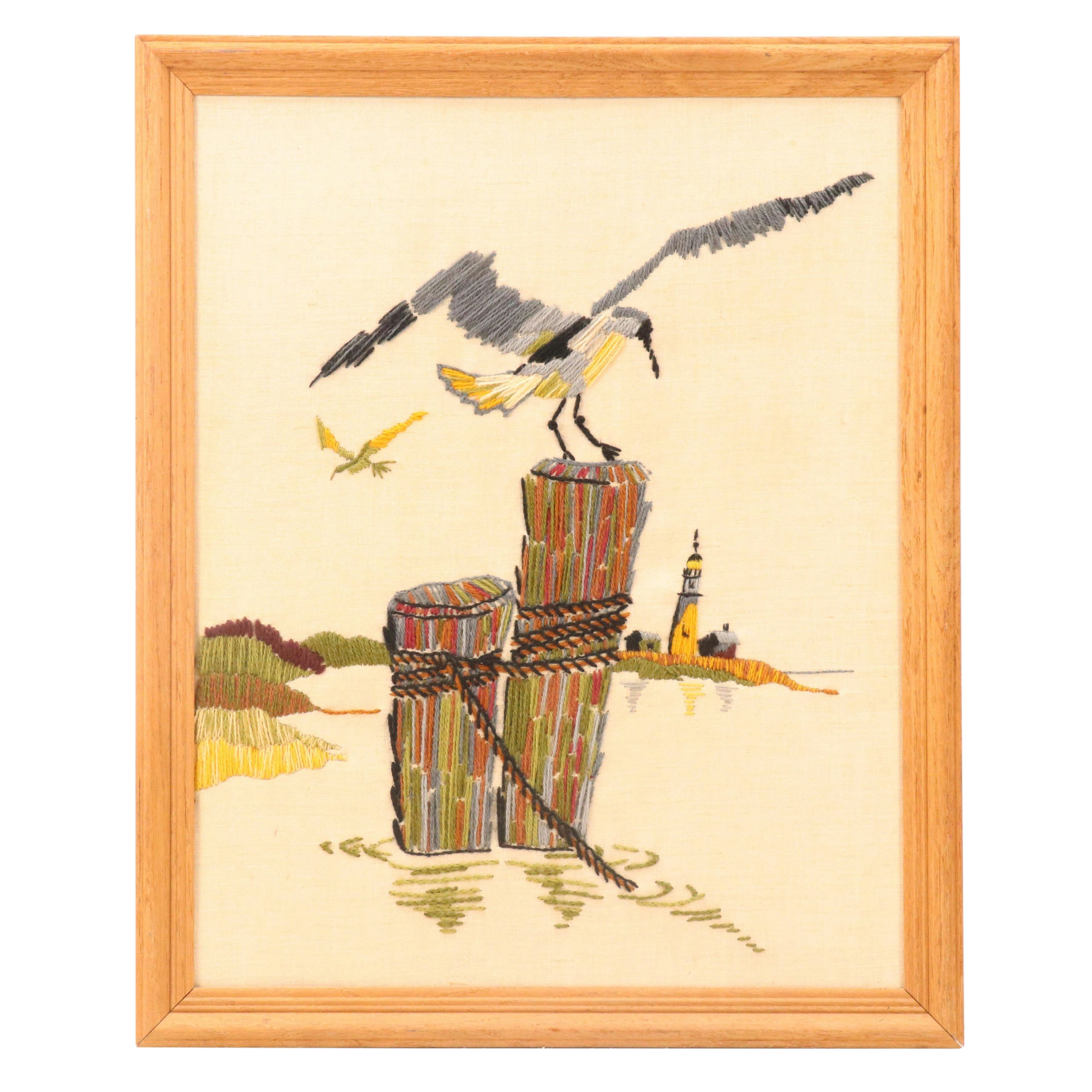 Needlework Embroidery Seascape with Gull Landing on Pier Piling