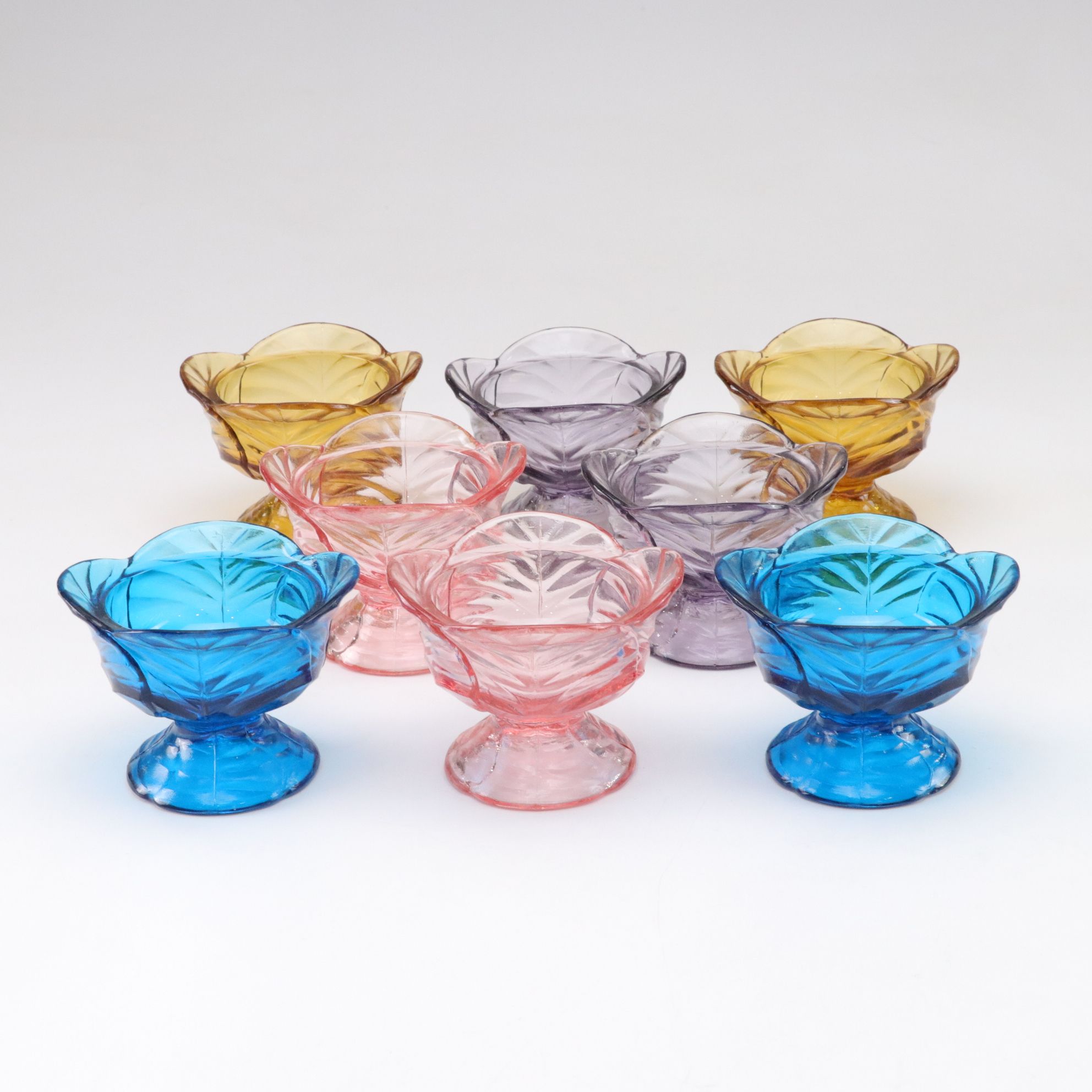 Eight Viking Glass "Cabbage Leaf" Footed Dessert Bowls, Late 20th Century