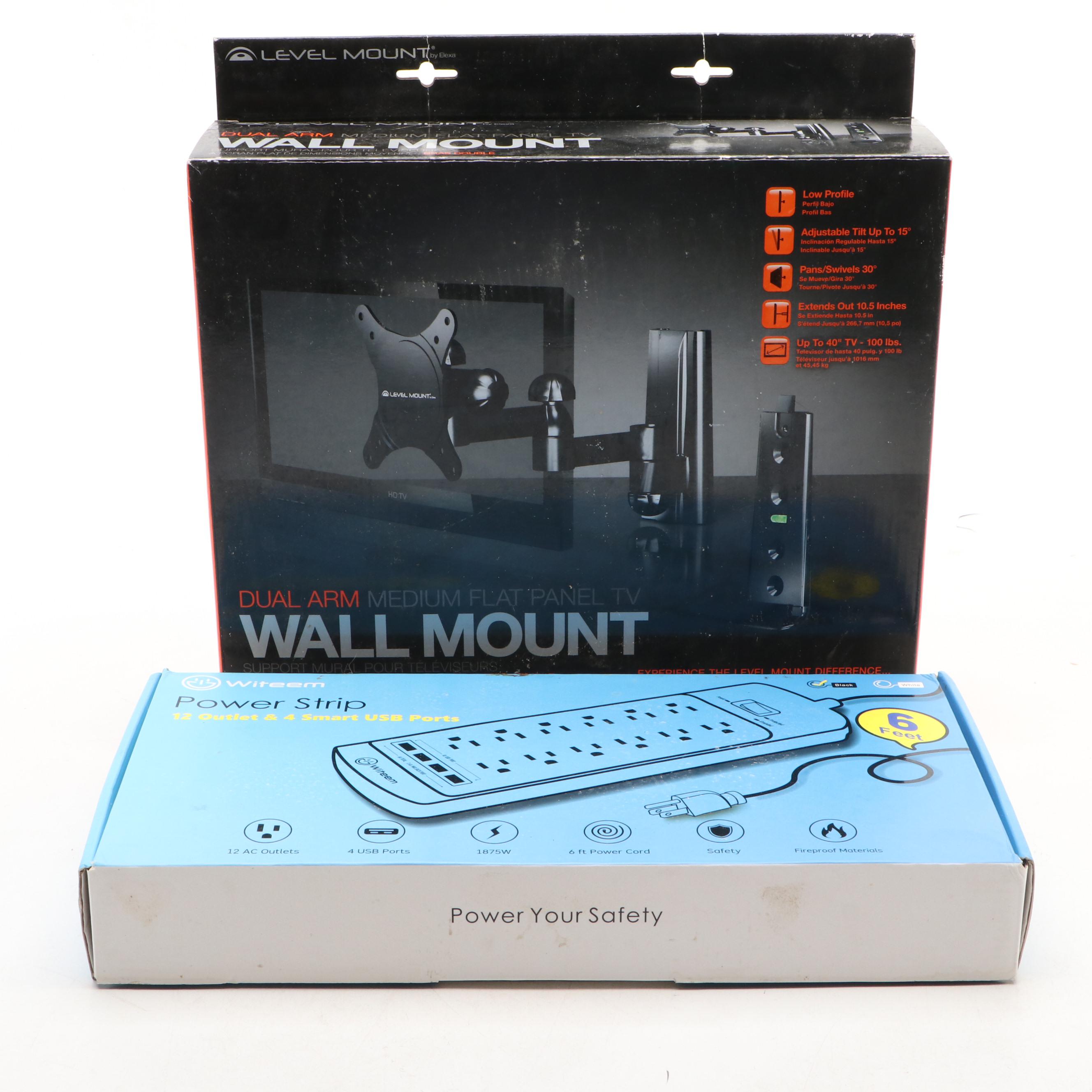 Dual Arm Mount for Flatscreen TV and Witeem 6-Foot Power Strip