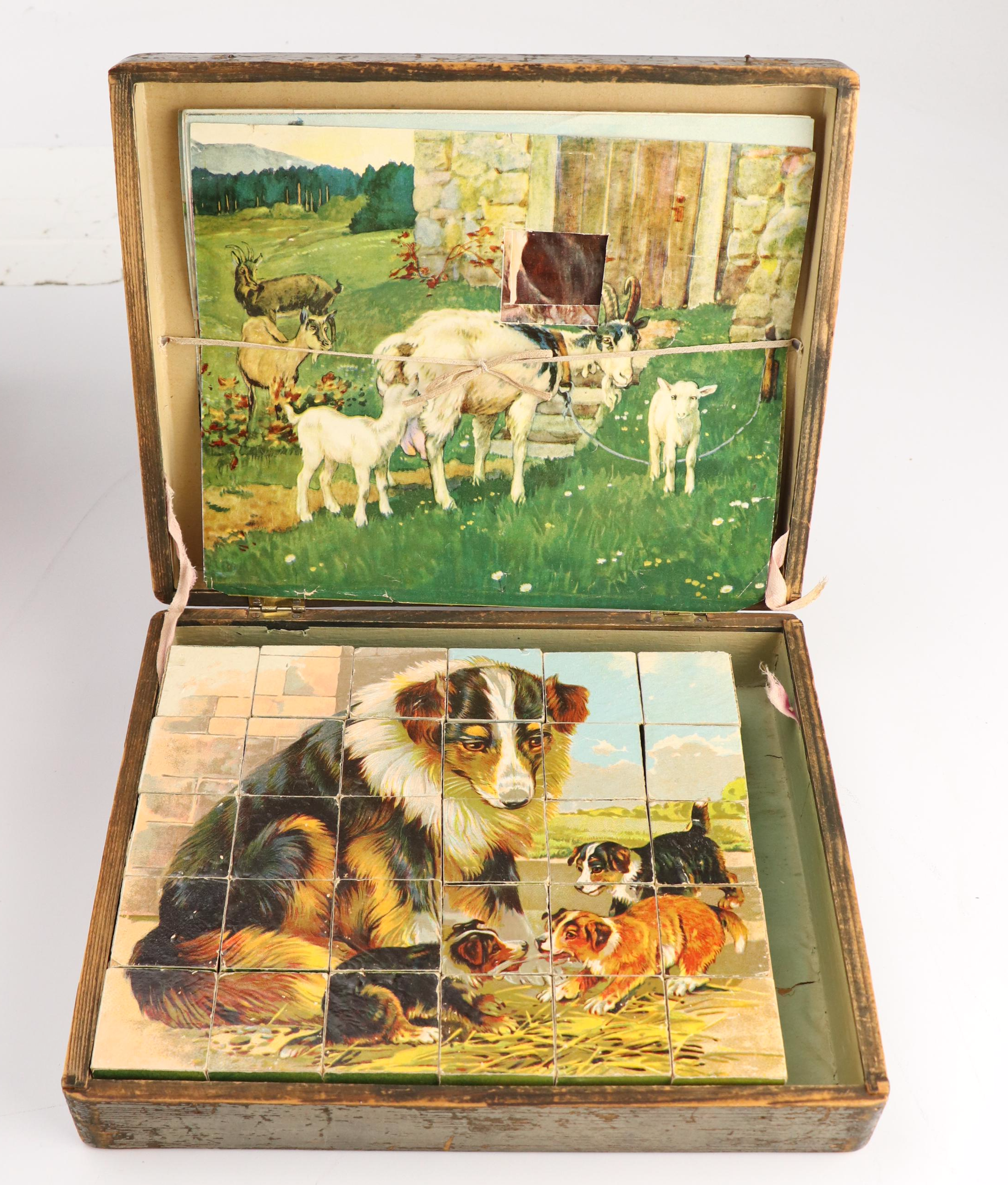 Shaker Style Wooden Sewing Basket with Antique Block Puzzle and More