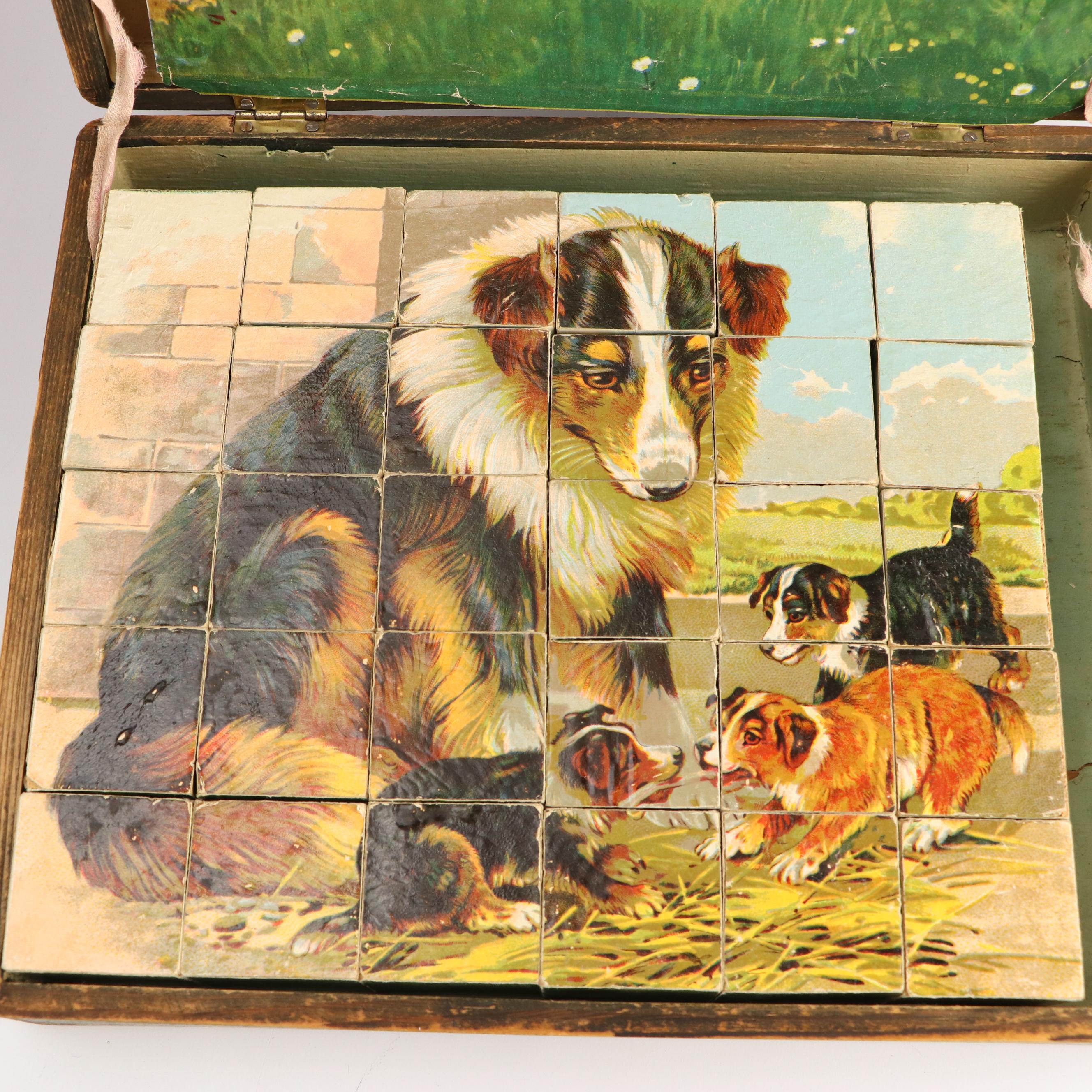 Shaker Style Wooden Sewing Basket with Antique Block Puzzle and More