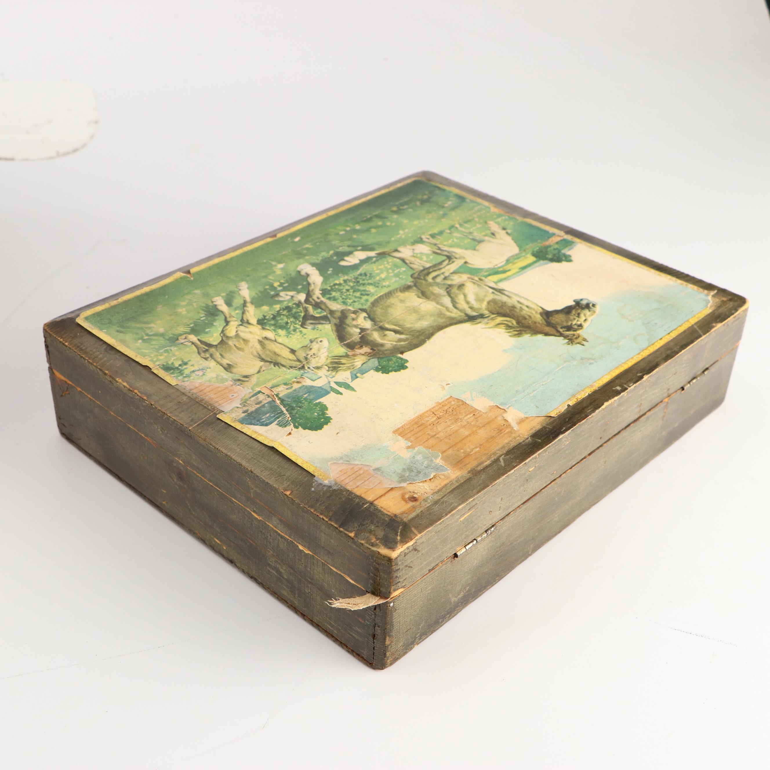 Shaker Style Wooden Sewing Basket with Antique Block Puzzle and More