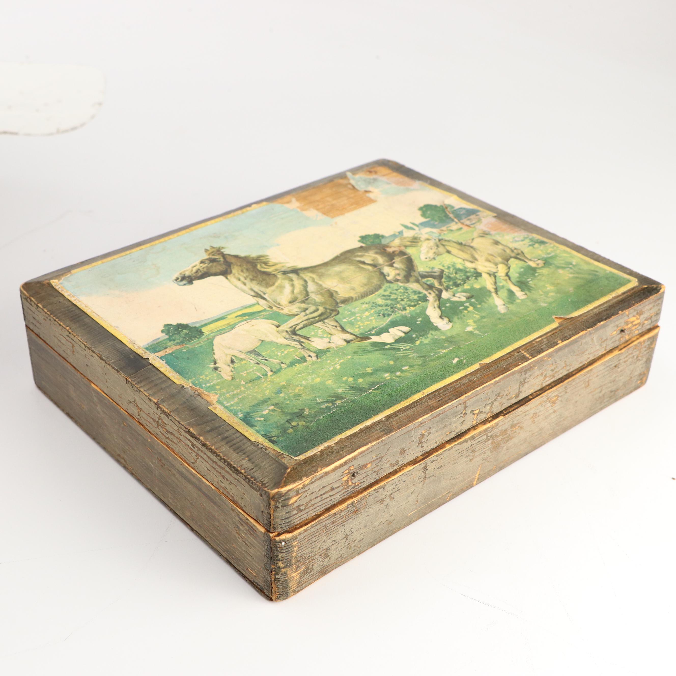 Shaker Style Wooden Sewing Basket with Antique Block Puzzle and More