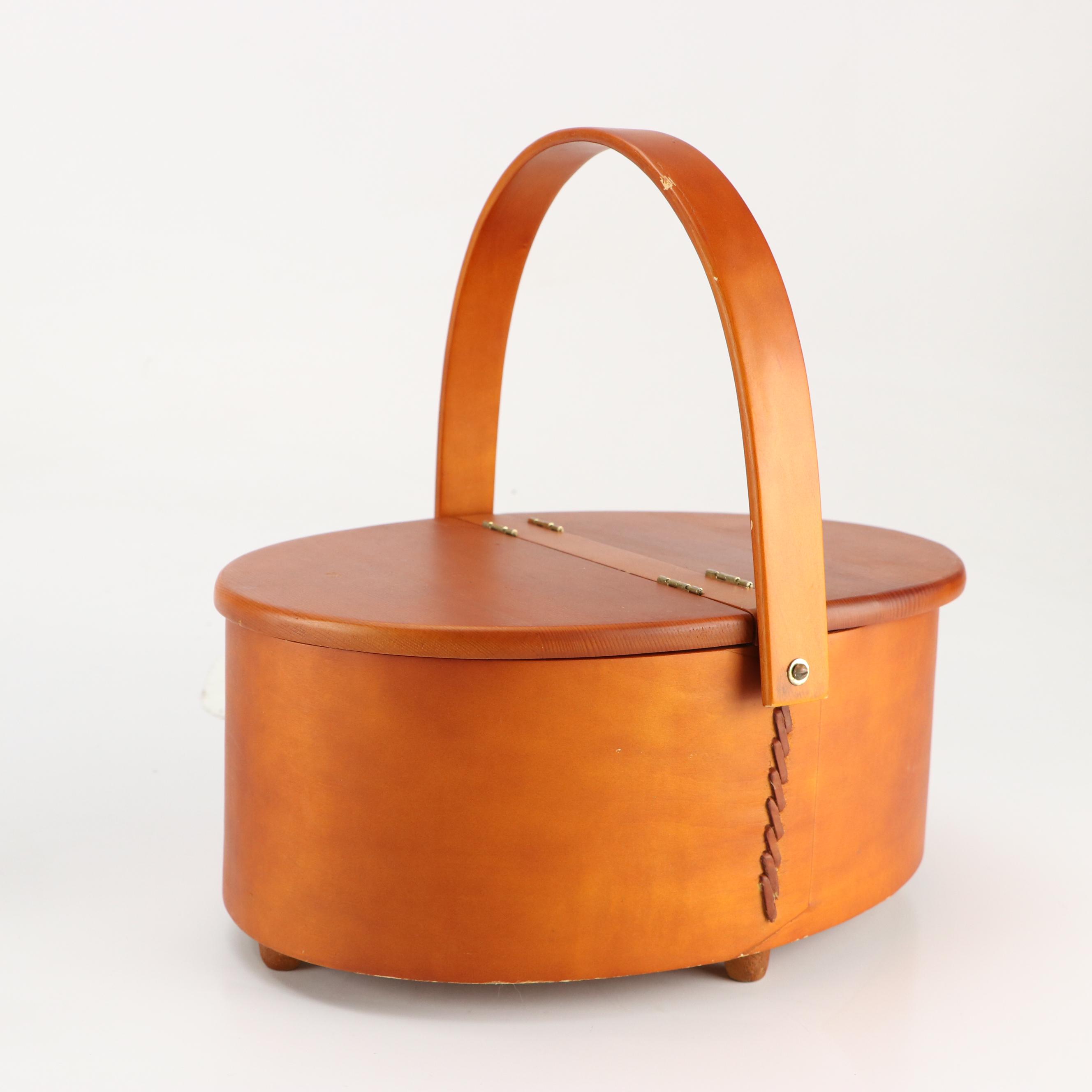 Shaker Style Wooden Sewing Basket with Antique Block Puzzle and More