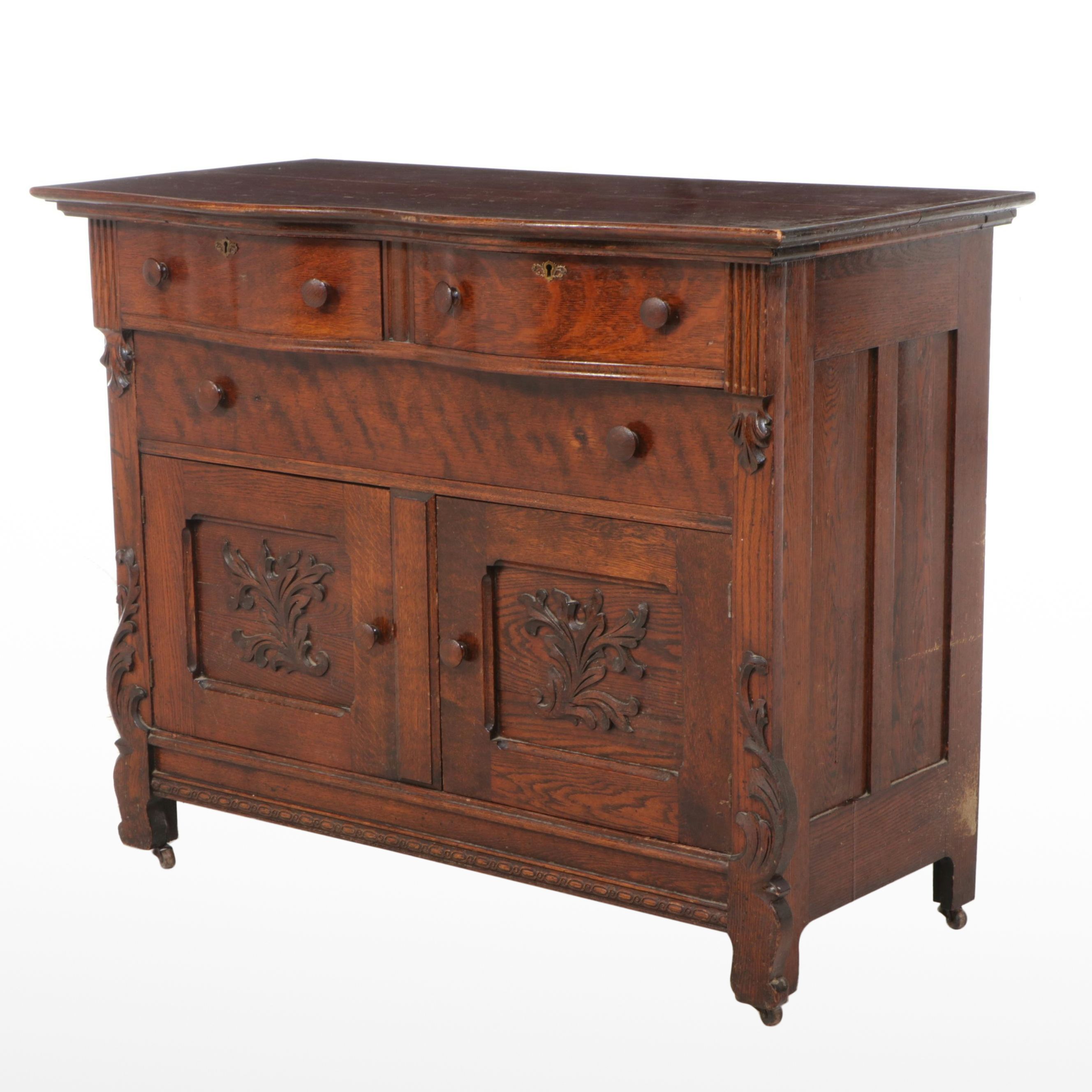Victorian Rococo Revival Tiger Oak Buffet, 19th Century