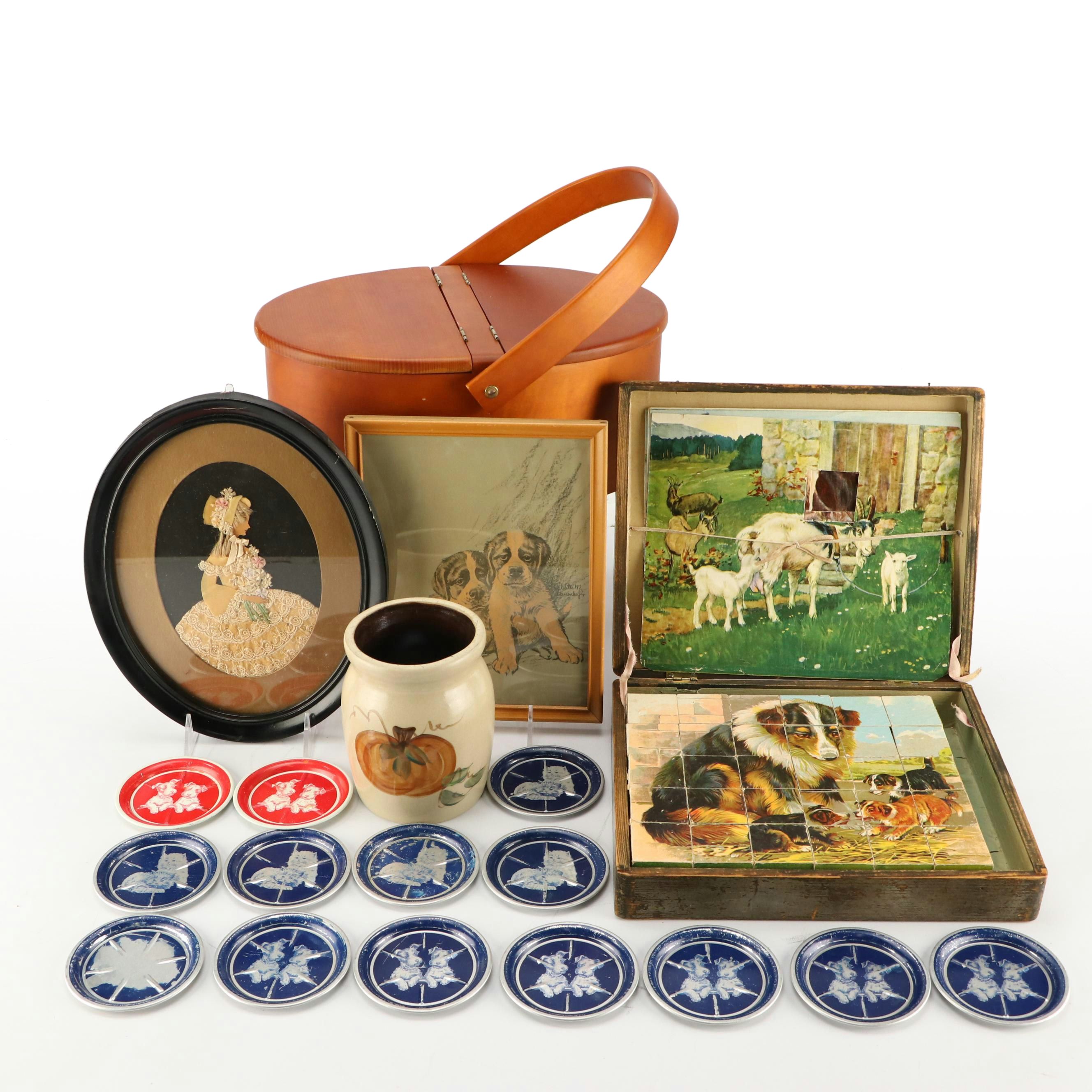 Shaker Style Wooden Sewing Basket with Antique Block Puzzle and More