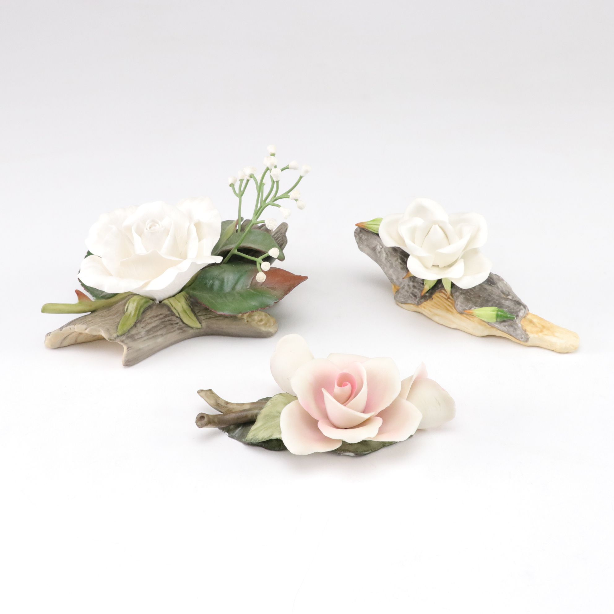 Boehm "Bridal Rose" Featured With Another Boehm Blossom and Unmarked Pink Rose