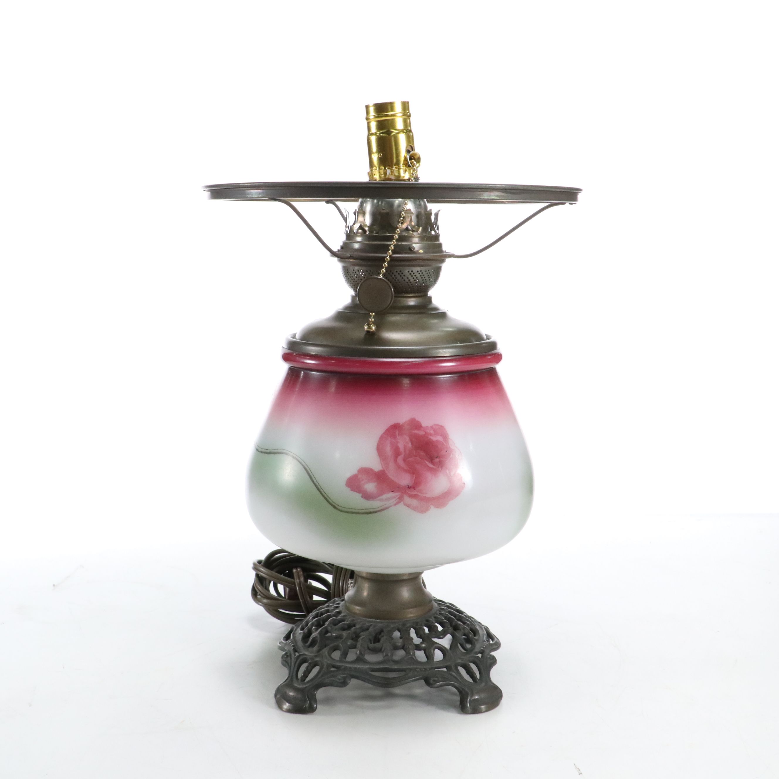 Victorian Style Paint-Decorated Oil Parlor Lamp, Adapted Mid-20th C