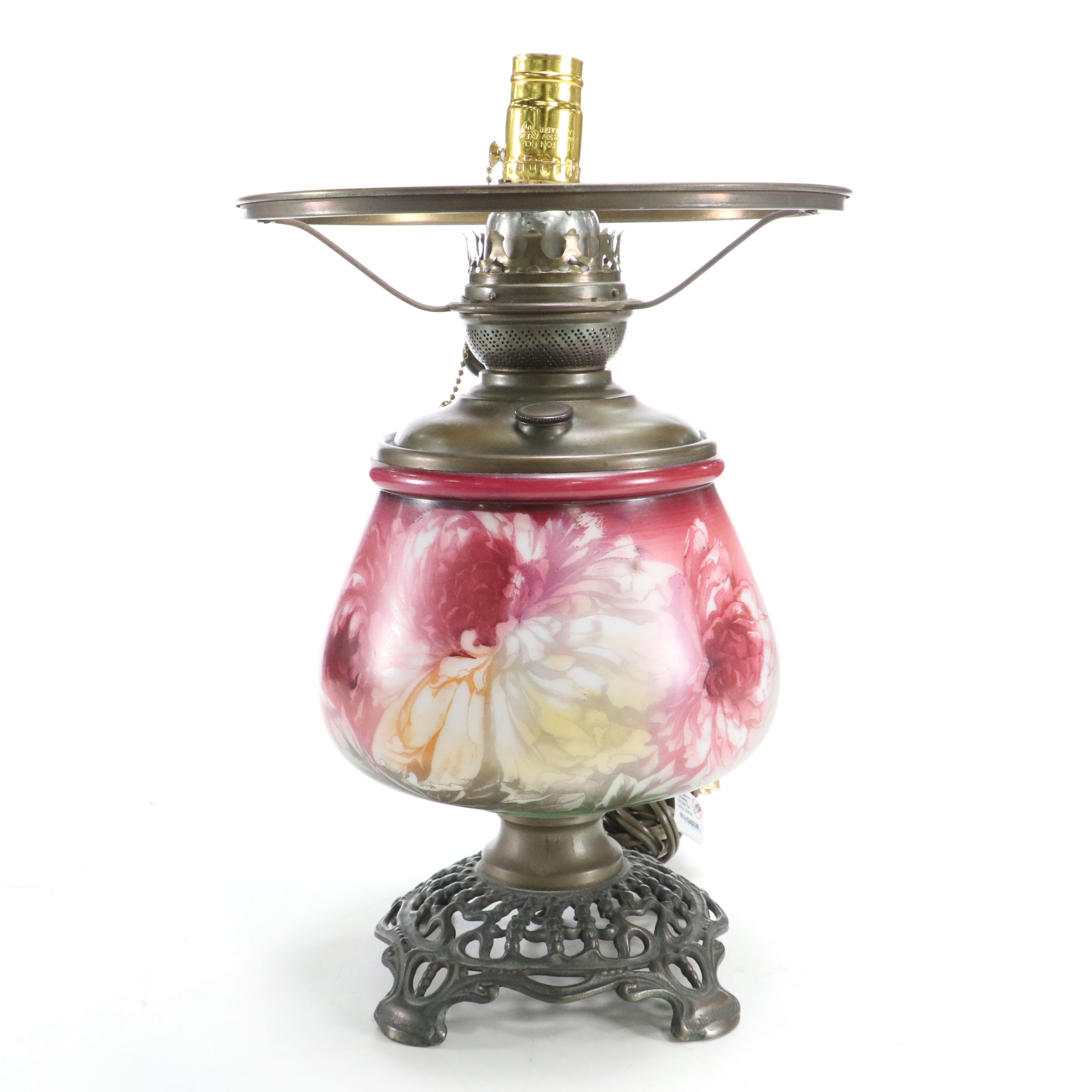 Victorian Style Paint-Decorated Oil Parlor Lamp, Adapted Mid-20th C