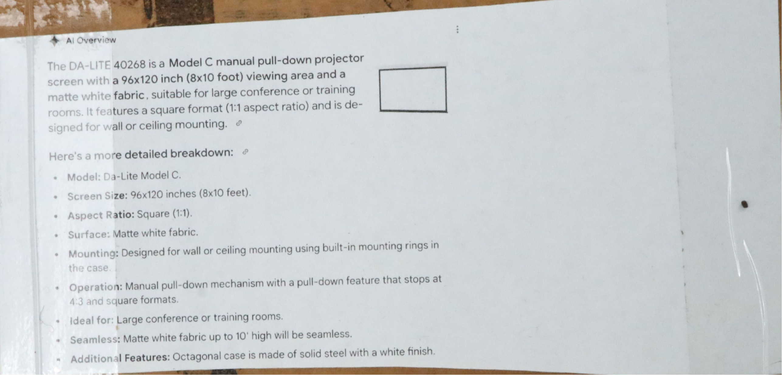 Da-Lite Model C White Metal Frame Manual Pulldown 8' x 10' Projection Screen