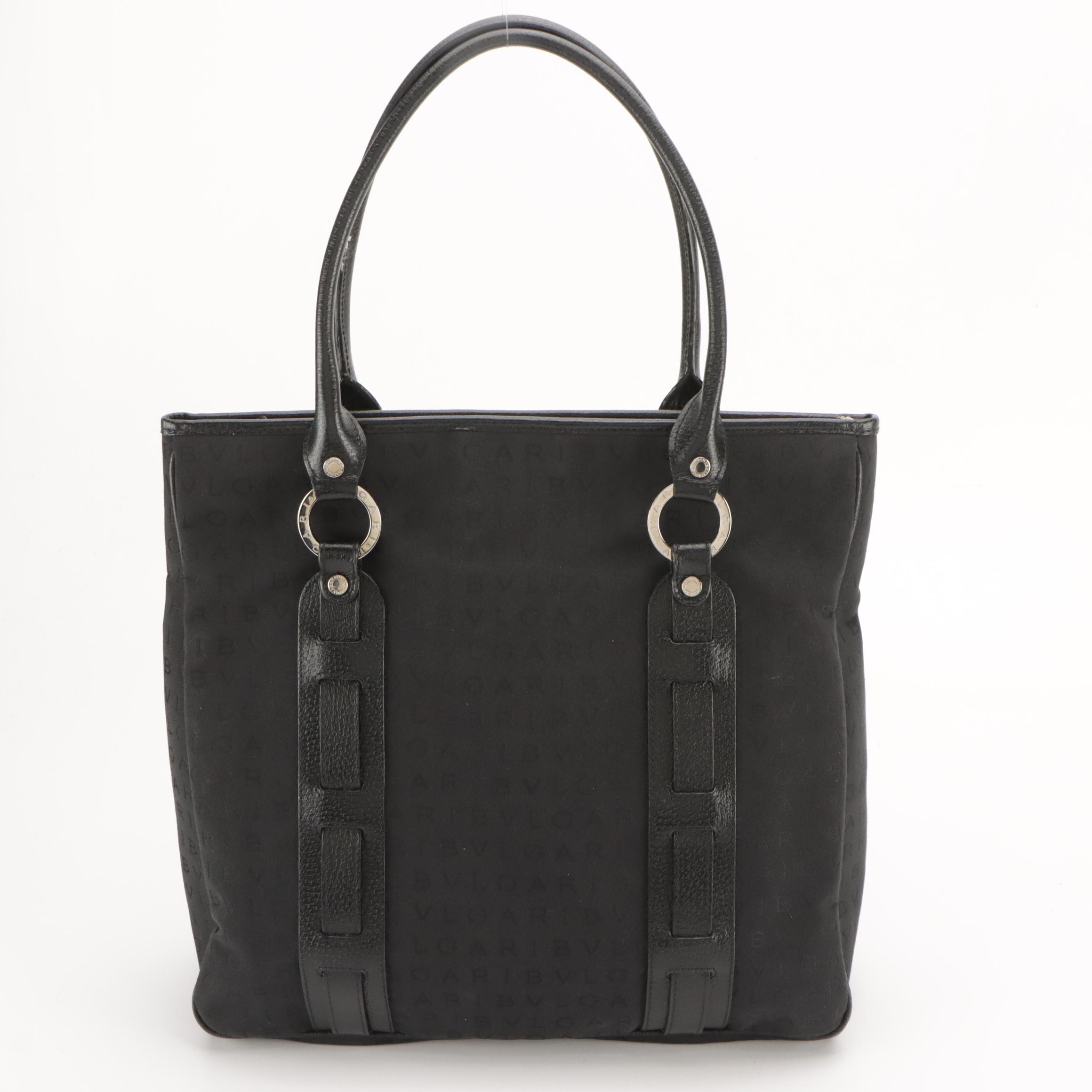 BVLGARI Black Jacquard Canvas and Cinghiale Leather Logomania Tote