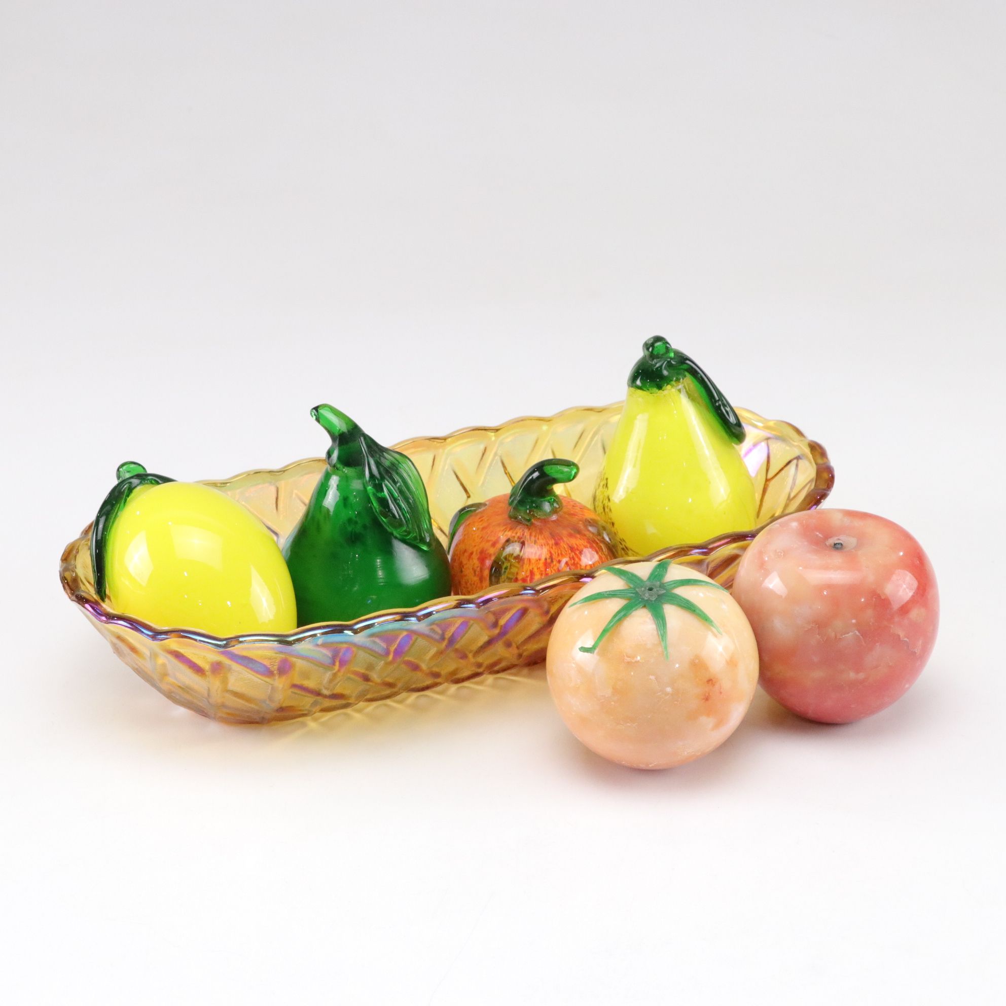 Murano Glass and Stone Fruit in Indiana Marigold Carnival Glass Bowl
