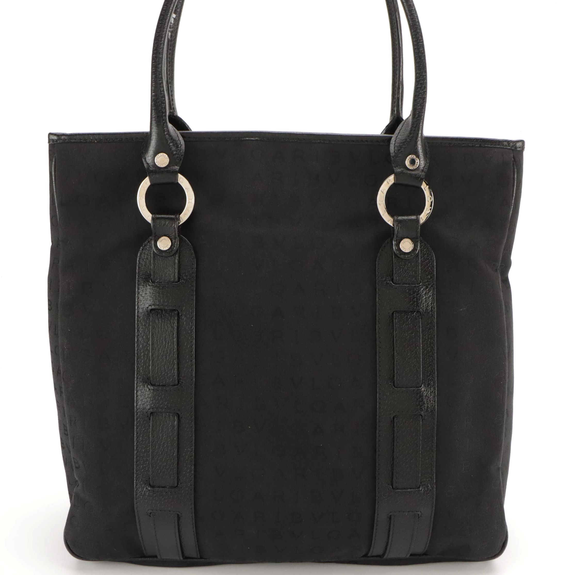 BVLGARI Black Jacquard Canvas and Cinghiale Leather Logomania Tote