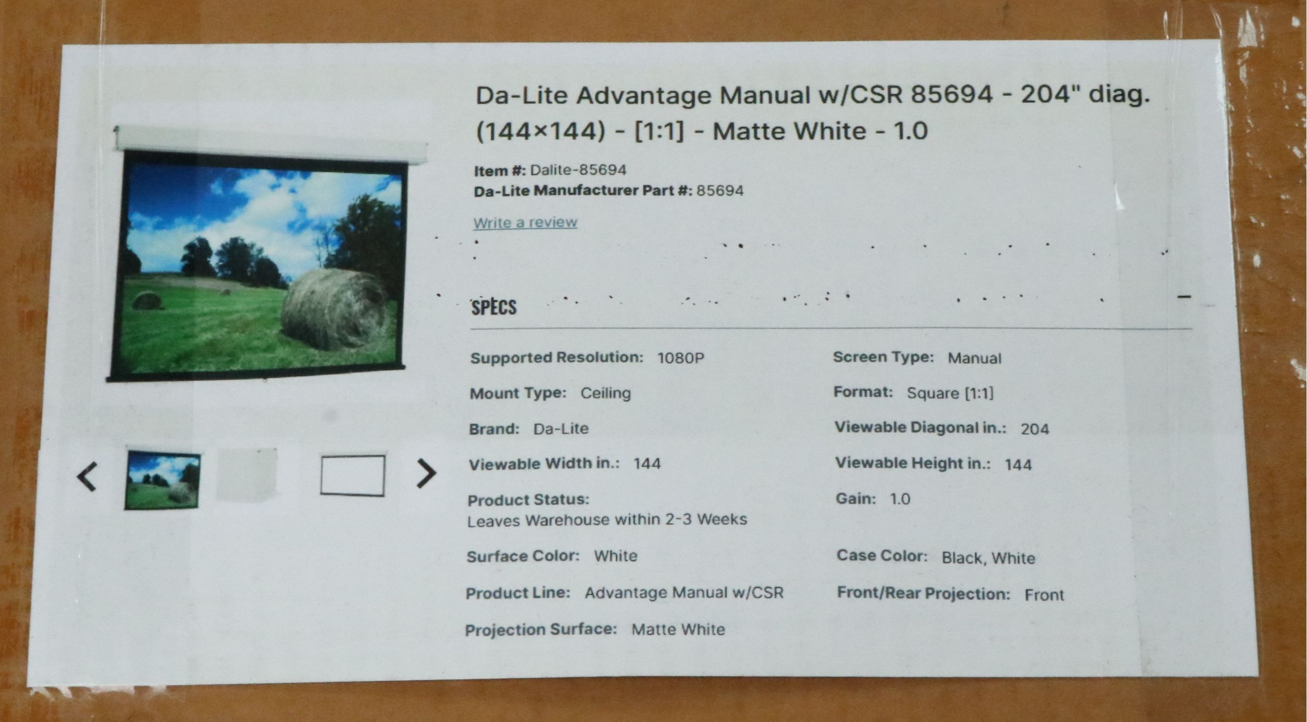 Da-Lite Advantage Manual Projection 12' x 12' Screen with Matte White Housing