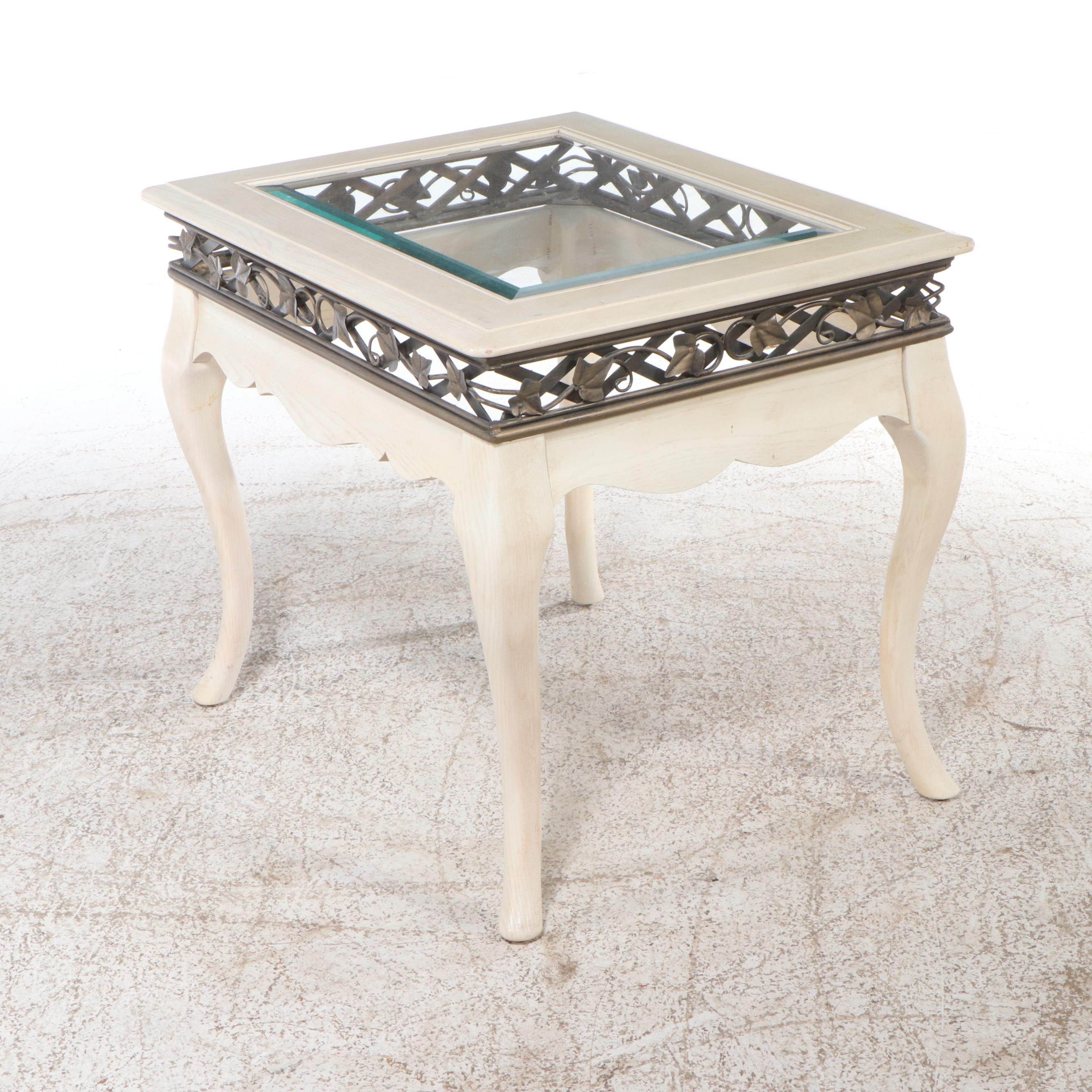 French Provincial Style Whitewashed Wood End Table with Foliate Detail