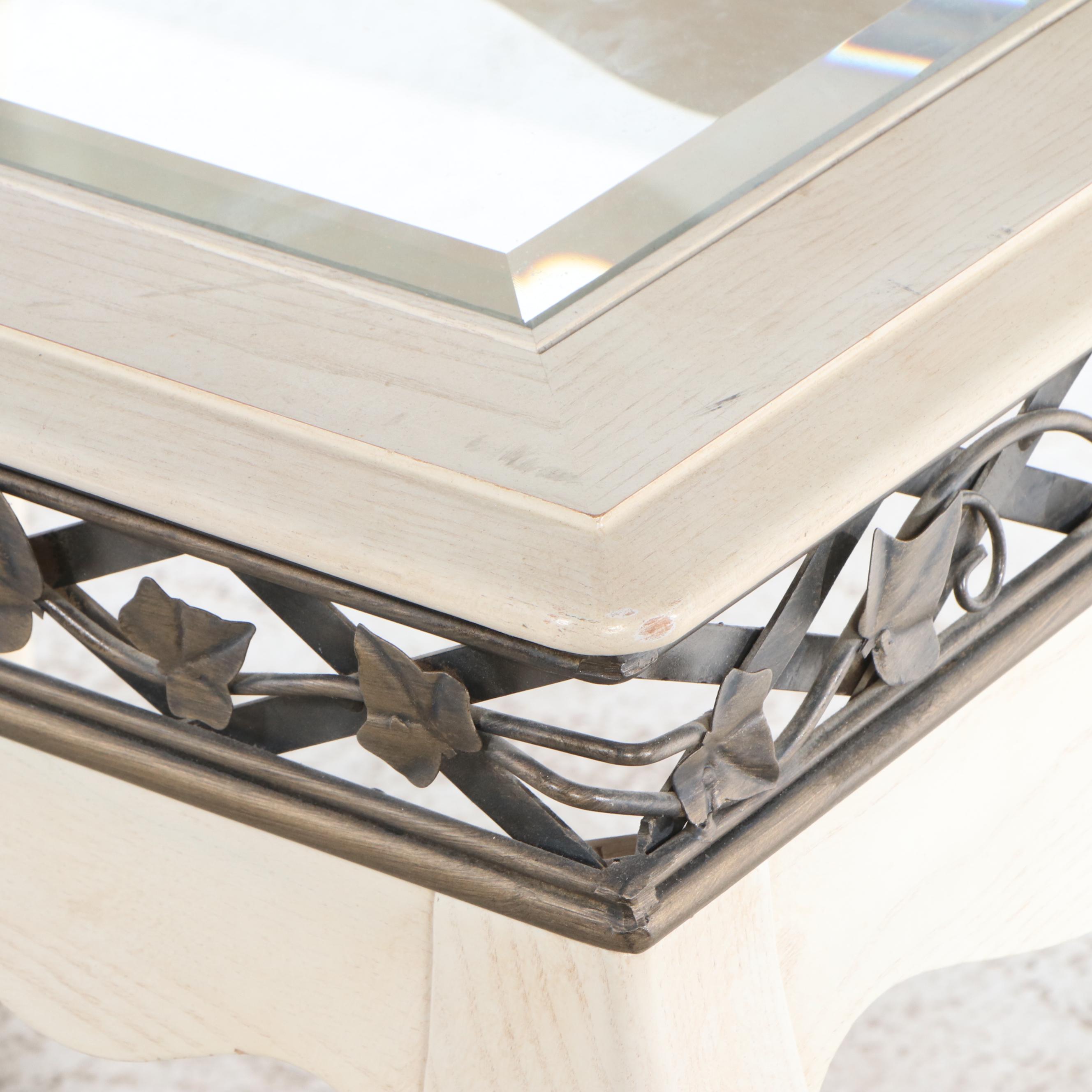 French Provincial Style Whitewashed Wood End Table with Foliate Detail