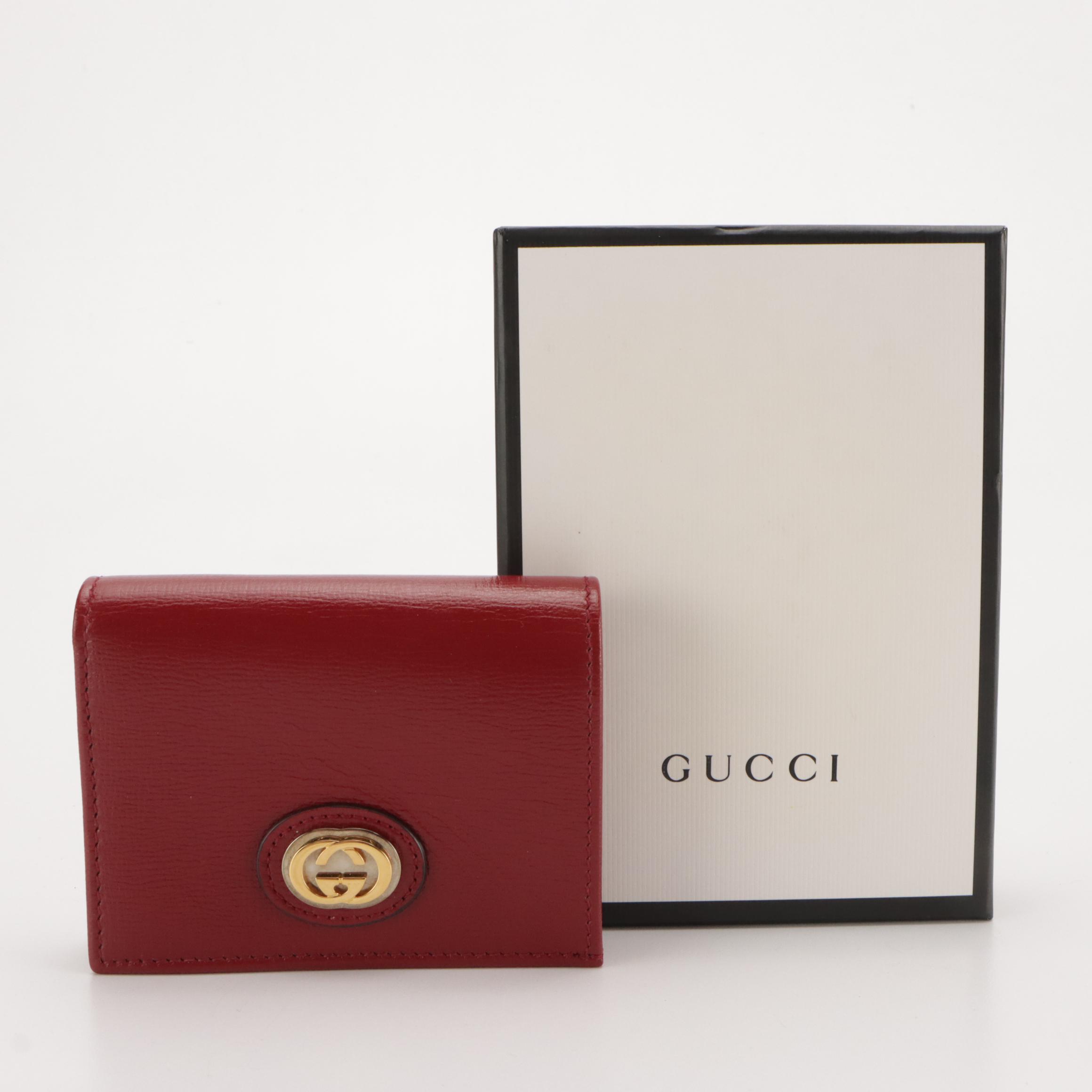 Gucci GG Compact Card Wallet in Cherry Red Grained Leather, With Box