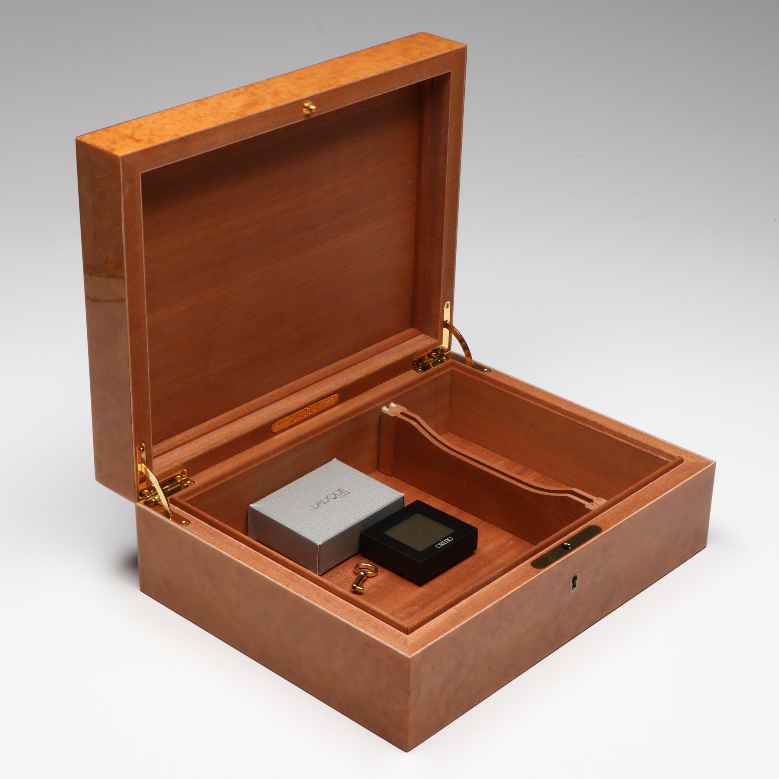 Lalique "Madrona" Crystal and Burl Wood Veneer Humidor, circa 1994