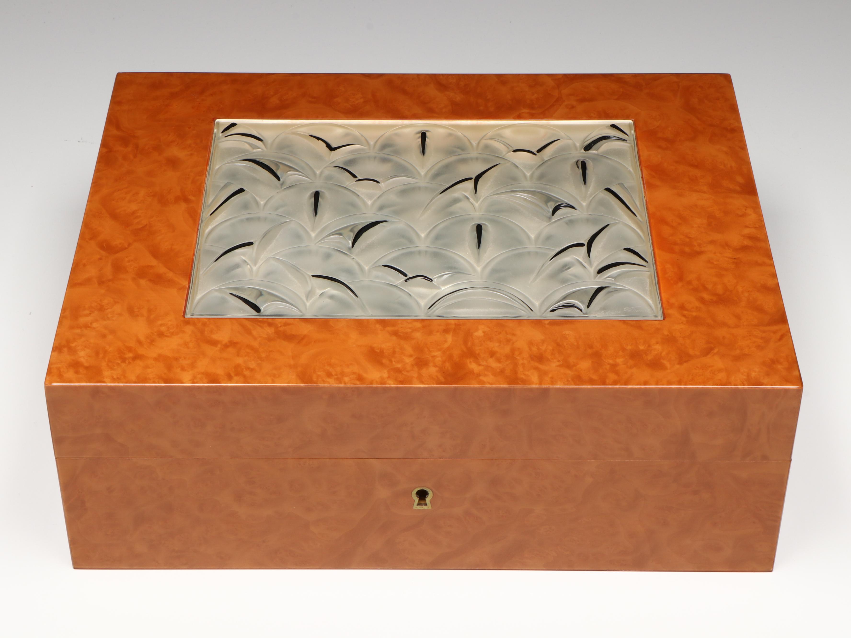 Lalique "Madrona" Crystal and Burl Wood Veneer Humidor, circa 1994