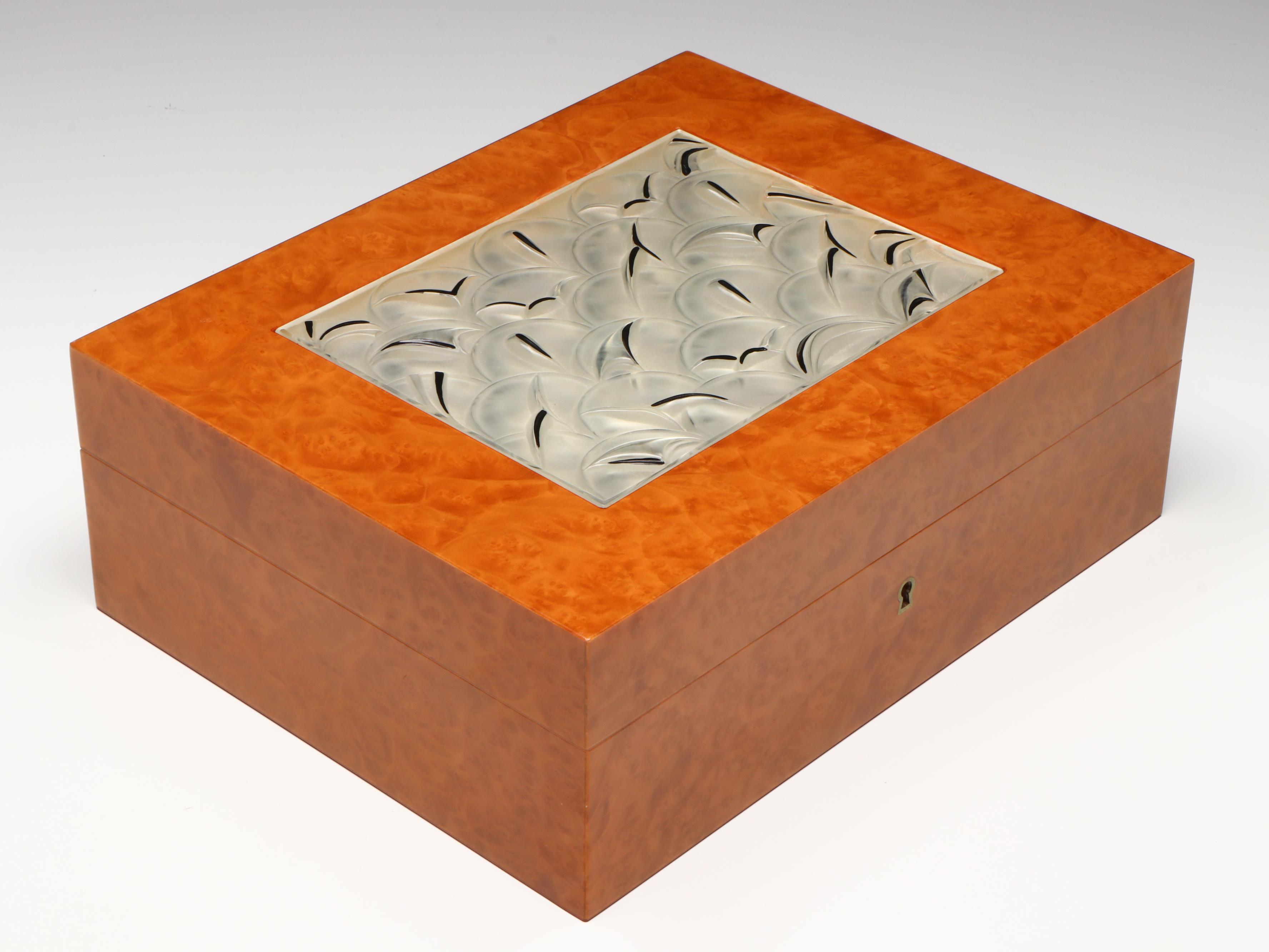 Lalique "Madrona" Crystal and Burl Wood Veneer Humidor, circa 1994