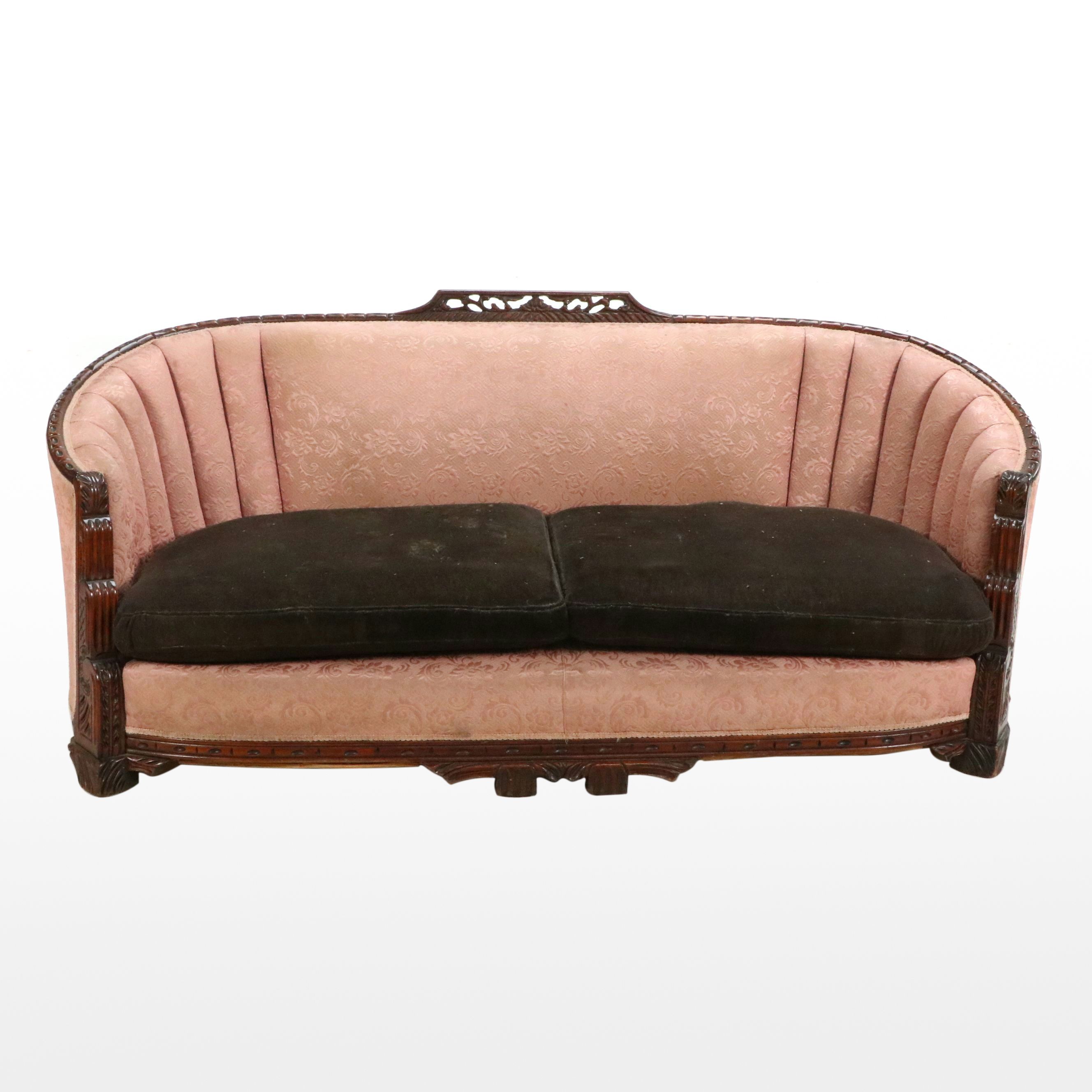 Victorian Brocade Upholstered Carved Mahogany Sofa, Late 19th Century