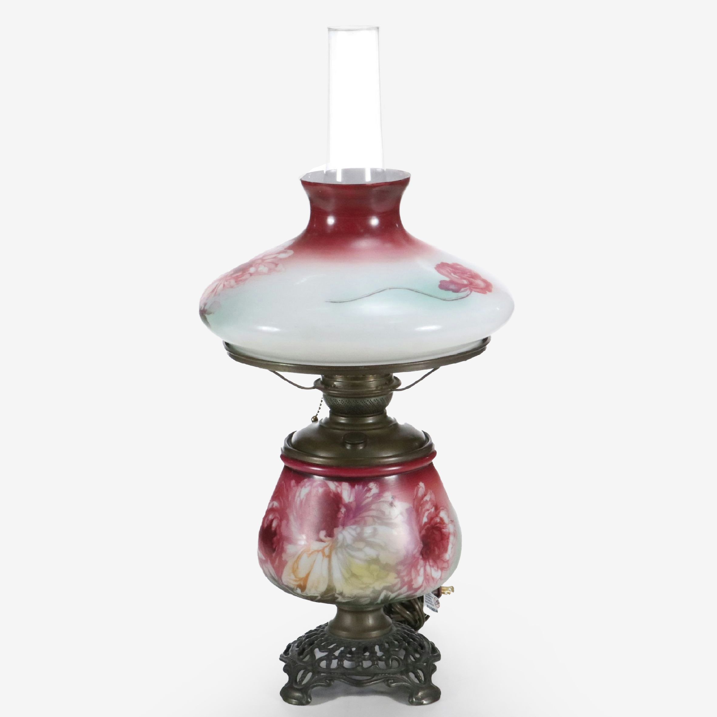 Victorian Style Paint-Decorated Oil Parlor Lamp, Adapted Mid-20th C