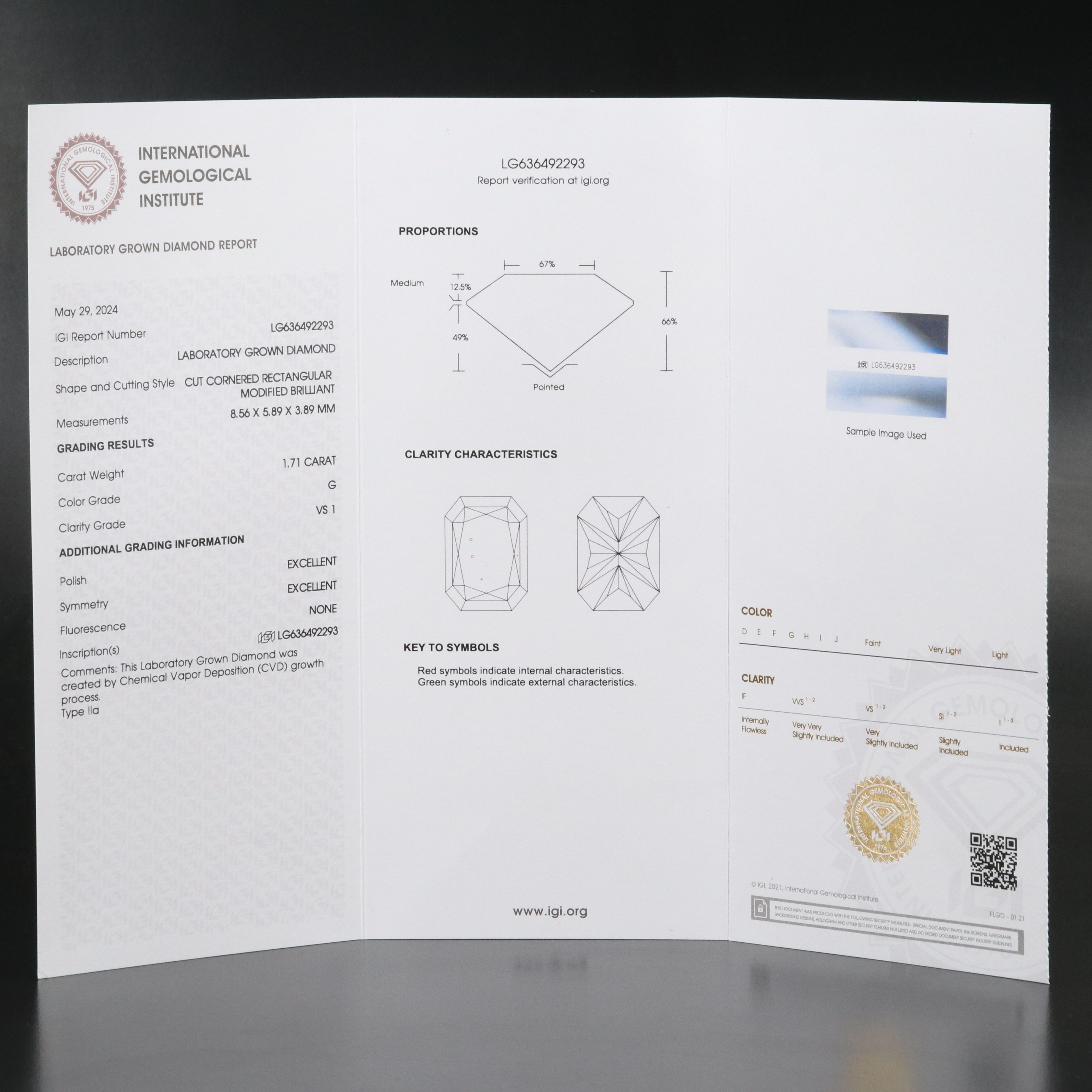Loose 1.71 CT Lab Grown Diamond with IGI Report