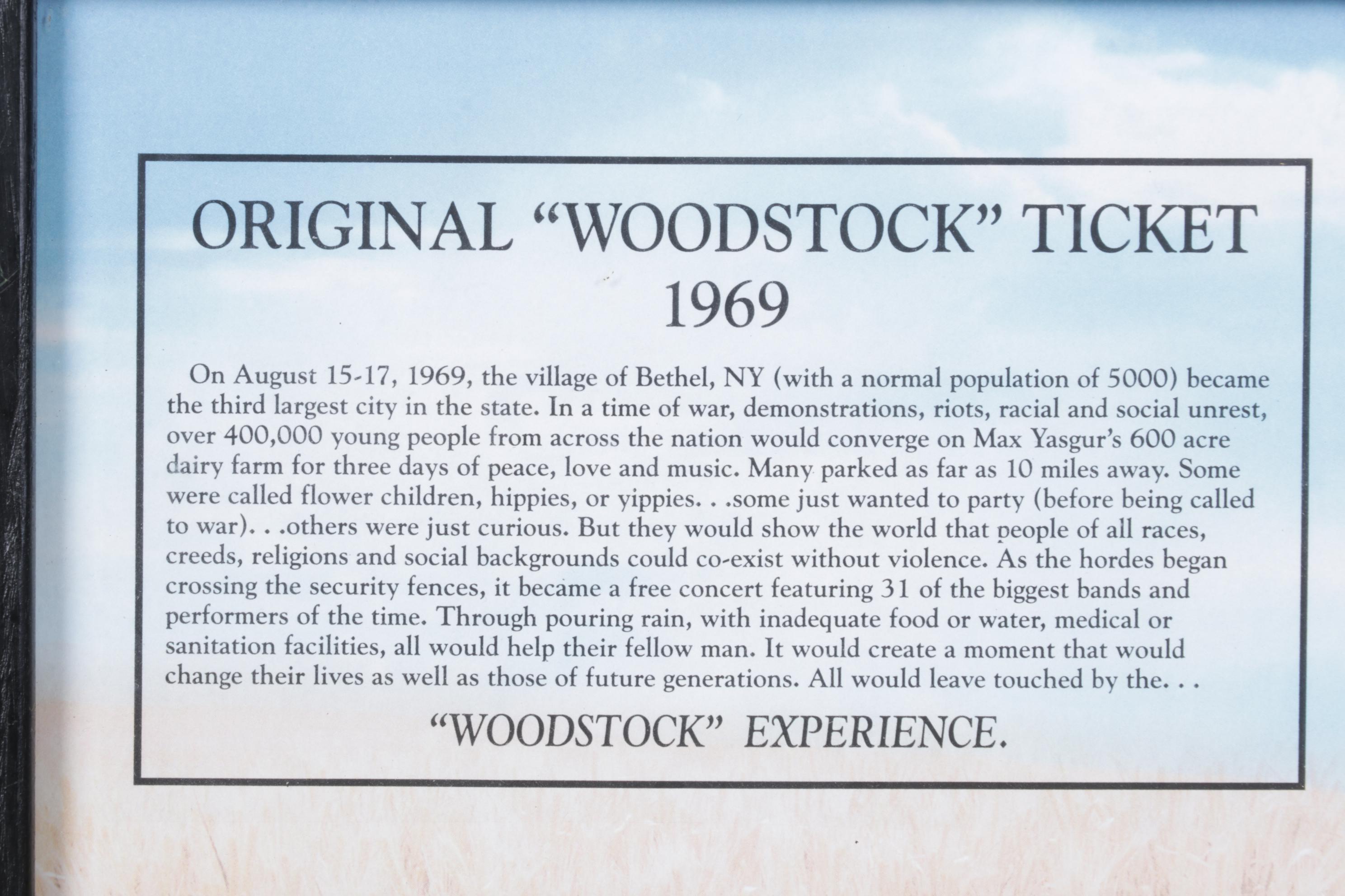 Framed 1969 Woodstock Ticket With Certificate of Authenticity