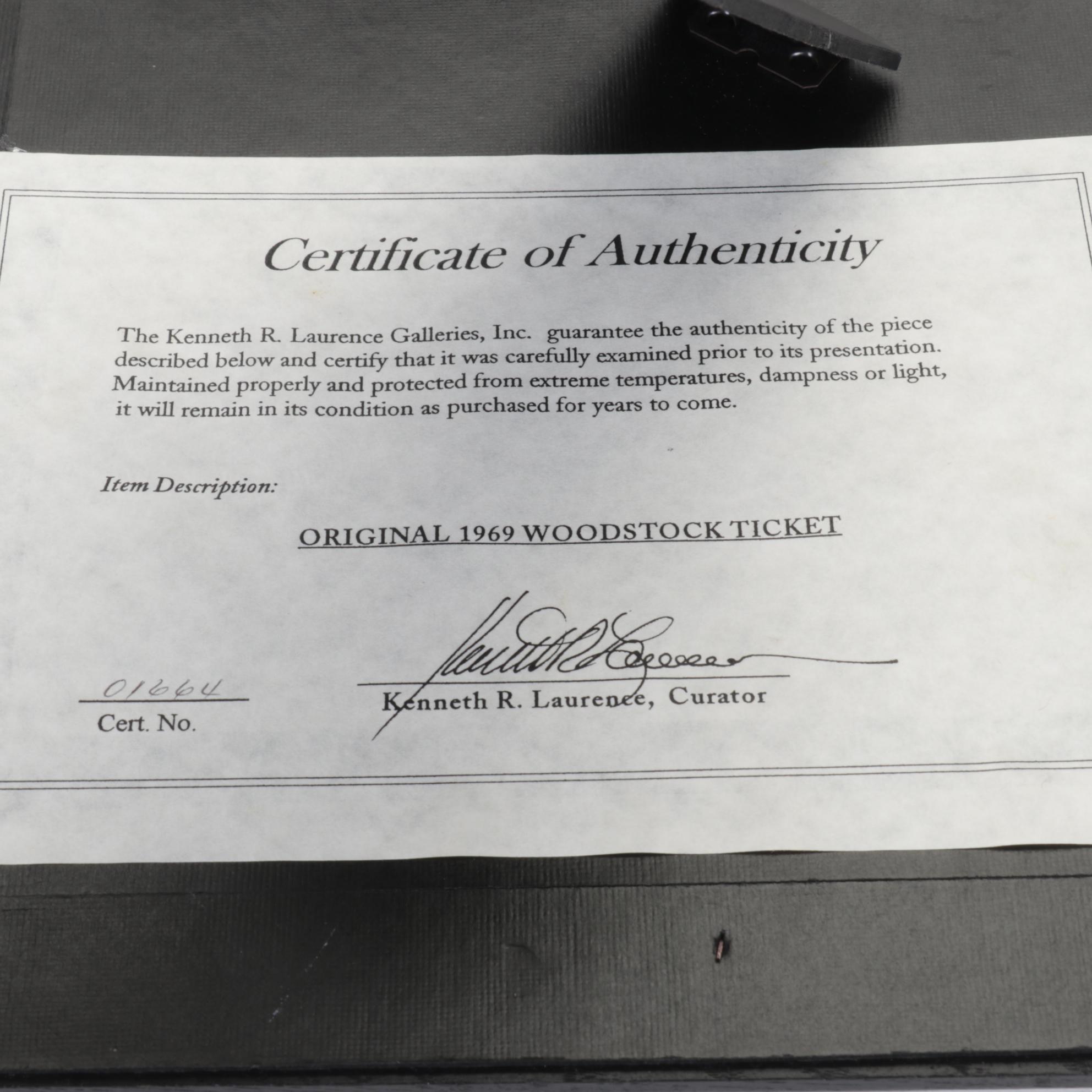 Framed 1969 Woodstock Ticket With Certificate of Authenticity