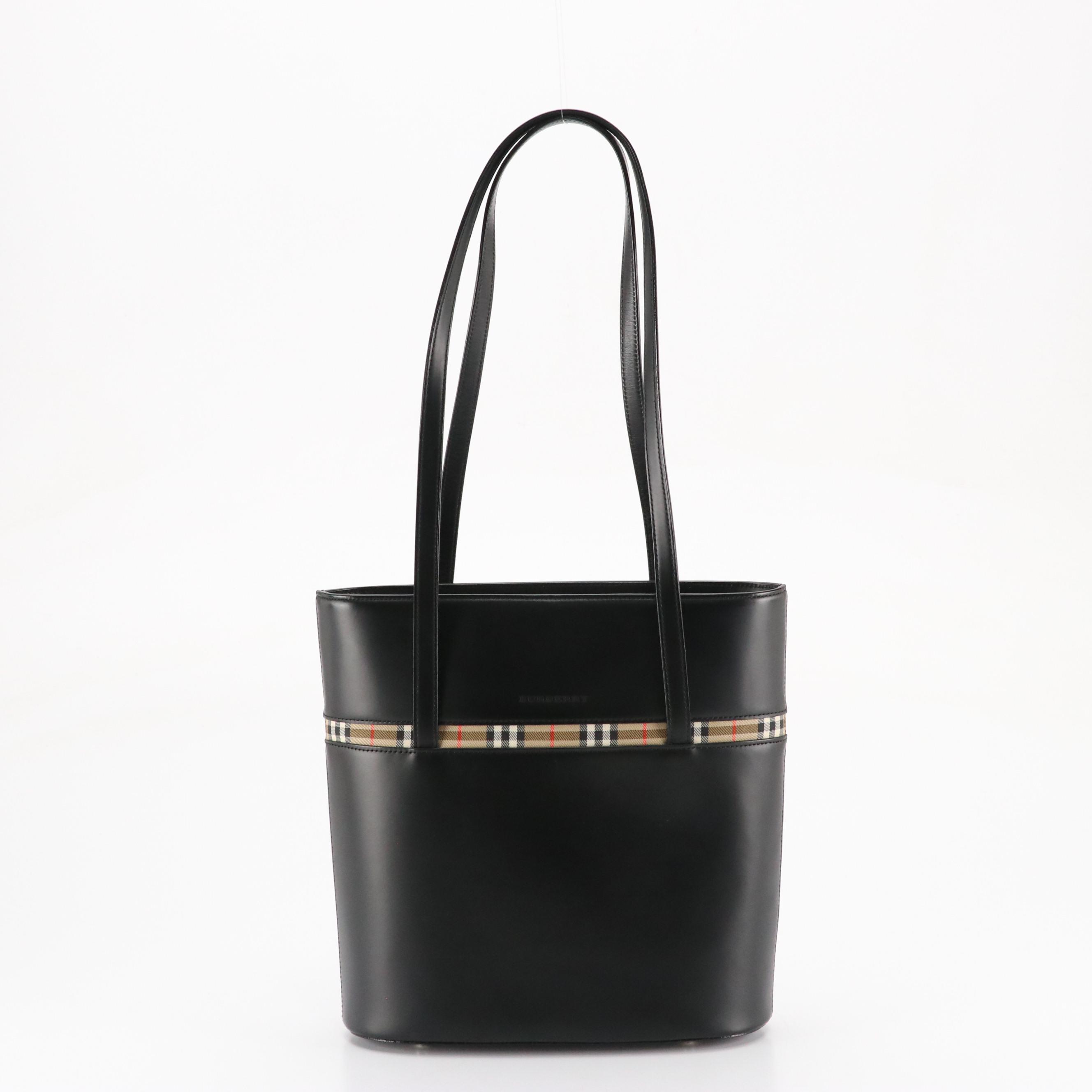 Burberry Black Leather and Check Bucket Shoulder Bag