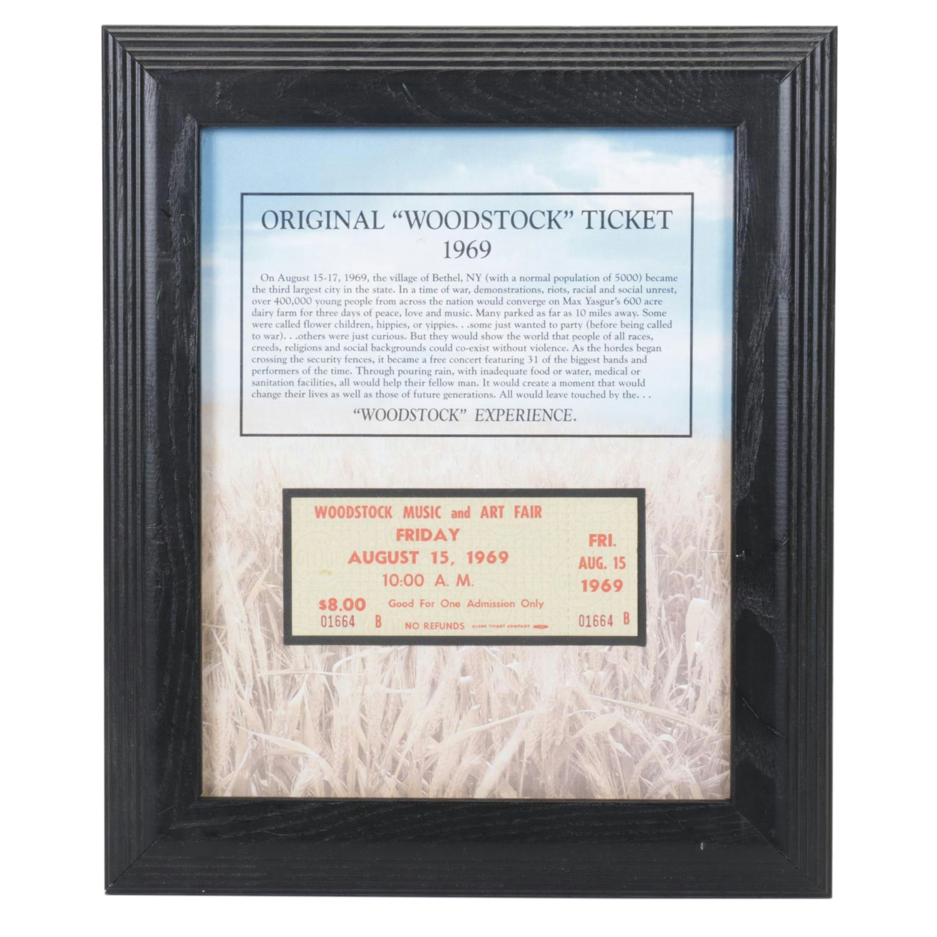 Framed 1969 Woodstock Ticket With Certificate of Authenticity