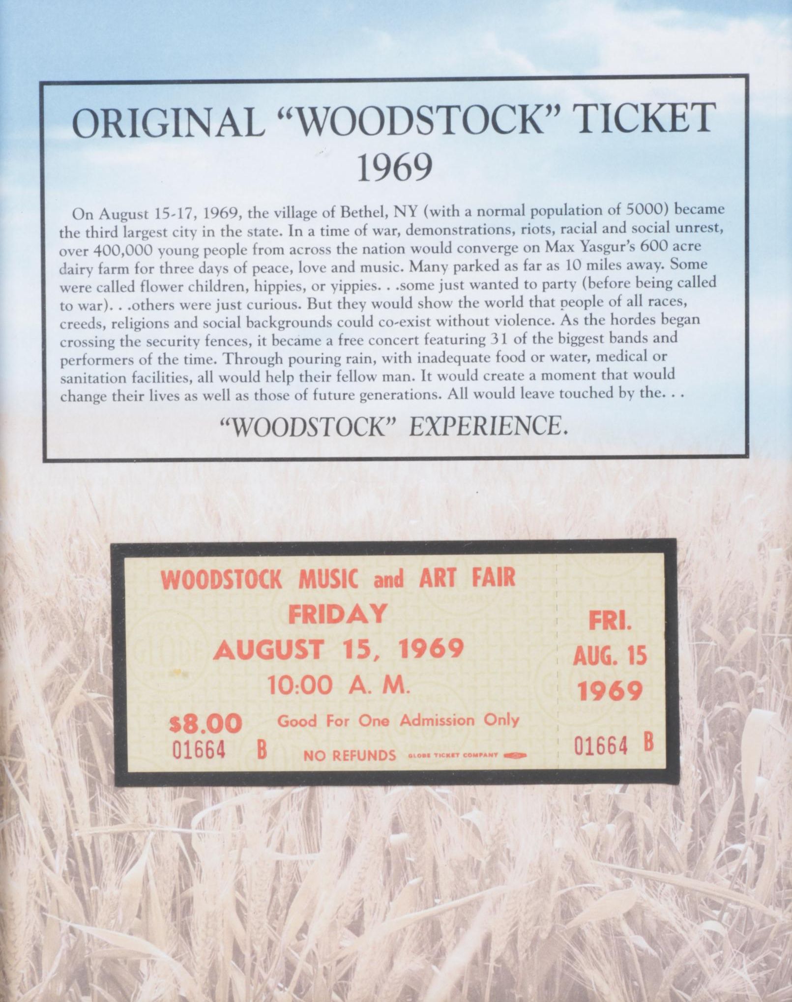 Framed 1969 Woodstock Ticket With Certificate of Authenticity